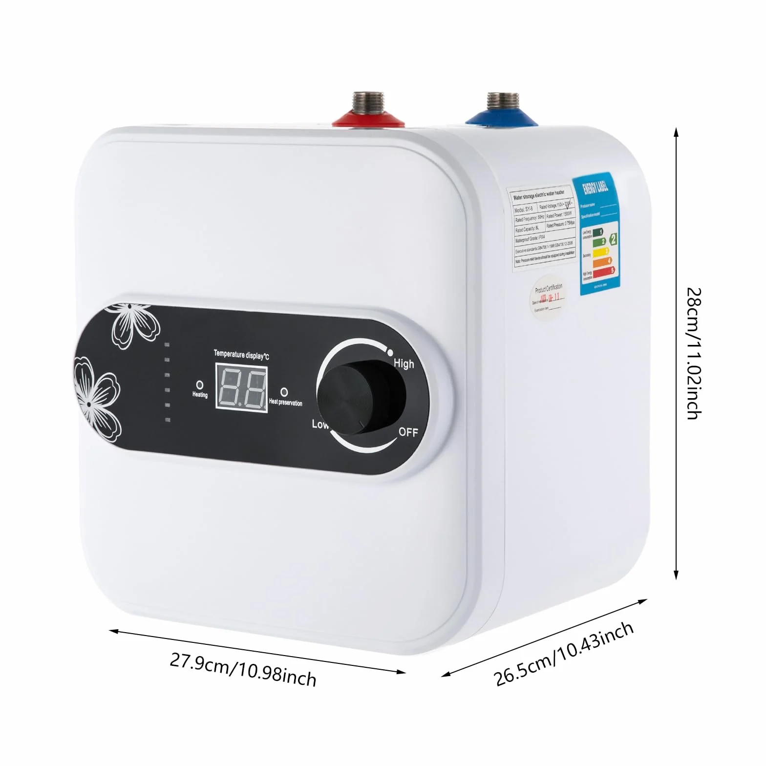 Podszafkowy bojler 8 l, 1500 W, 220 V, odporny na ciśnienie, mała pamięć, zbiornik ciepłej wody, mini podgrzewacz wody 30-65°C do umywalek, kuchni, łazienki