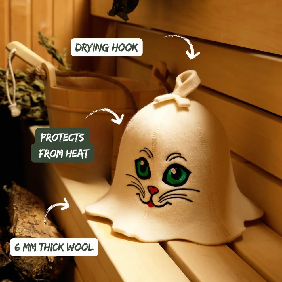 Tkaniny naturalne Sauna Hat 'Sauna Kitten' White - 100% Organic wełniane kapelusze dla rosyjskiej Bania - Protect Your Head od ciepła - English Sauna eBook Przewodnik w cenie - z haftem