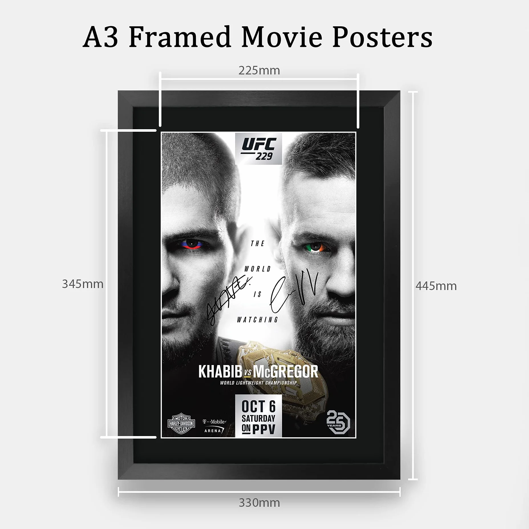 HWC Trading UFC 229 Fight Khabib Nurmagomedov vs Conor McGregor prezenty drukowane podpisany obraz z autografem dla fanów pamięci UFC - A3 oprawiony