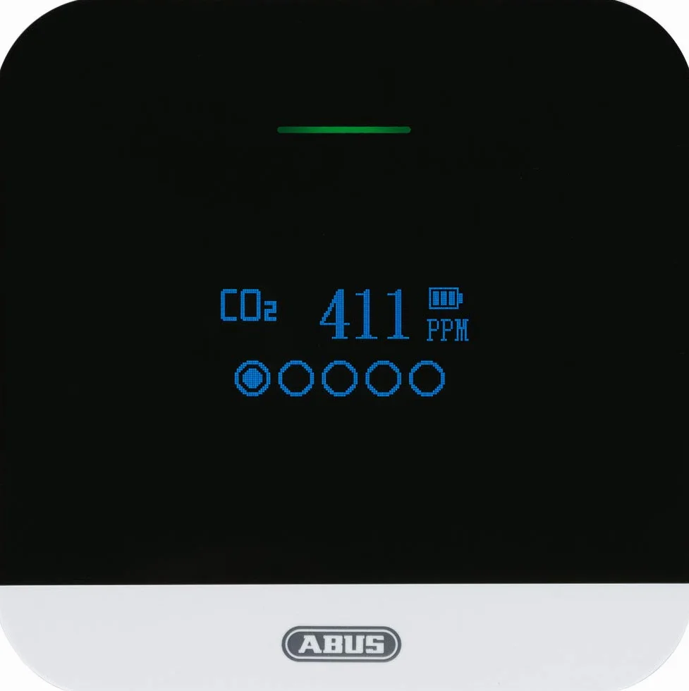 ABUS CO2WM110 AirSecure czujnik CO2 – miernik jakości powietrza, wilgotności powietrza i temperatury w pomieszczeniu – z alarmem i sygnalizacją CO2 – czujnik 10-letni
