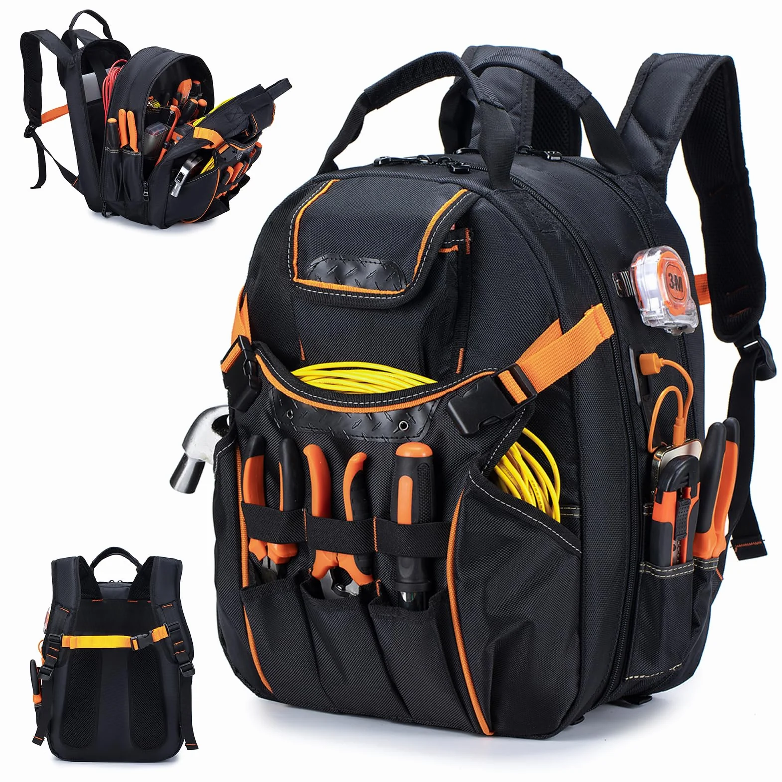 BAGZY 40x30x20cm Torba do Plecaka Narzędzia 1680D Torby Nośnik Narzędzi dla Mężczyzn 52 Kieszenie Elektryk Całkowicie Otwarty Plecak USB Podstawa Sztywna Torba Narzędzia Wycieczki Piesze Pomarańczowy