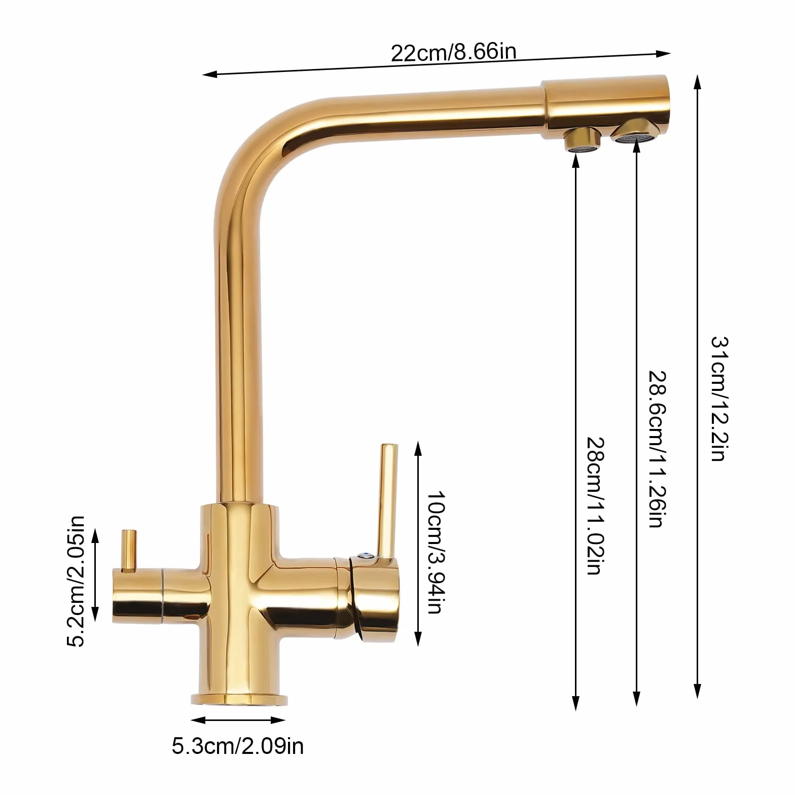 3-drożna bateria do wody pitnej, obracana o 360°, armatura kuchenna, filtr wody, kran 3 w 1, do kuchni, stal nierdzewna 304, kran do wody pitnej z 2 dźwigniami (złoty)