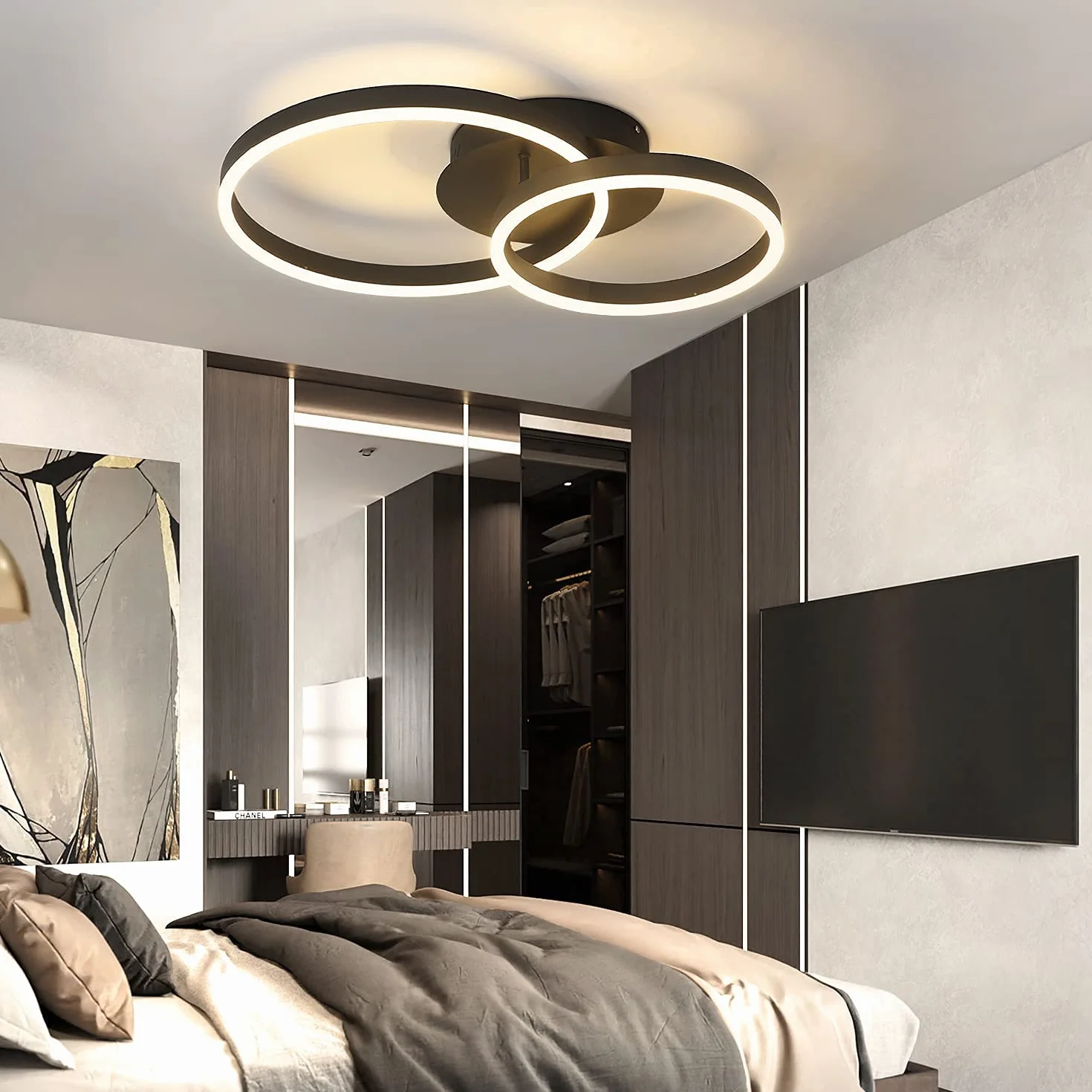 ZMH Lampa Sufitowa LED Ściemniana, Czarna, Nowoczesna, 46 W, 2 Pierścienie, Do Salonu, Sypialni, Gabinetu, Biura, Kuchni, Hotelu, Restauracji, Jadalni, 59 x 40 x