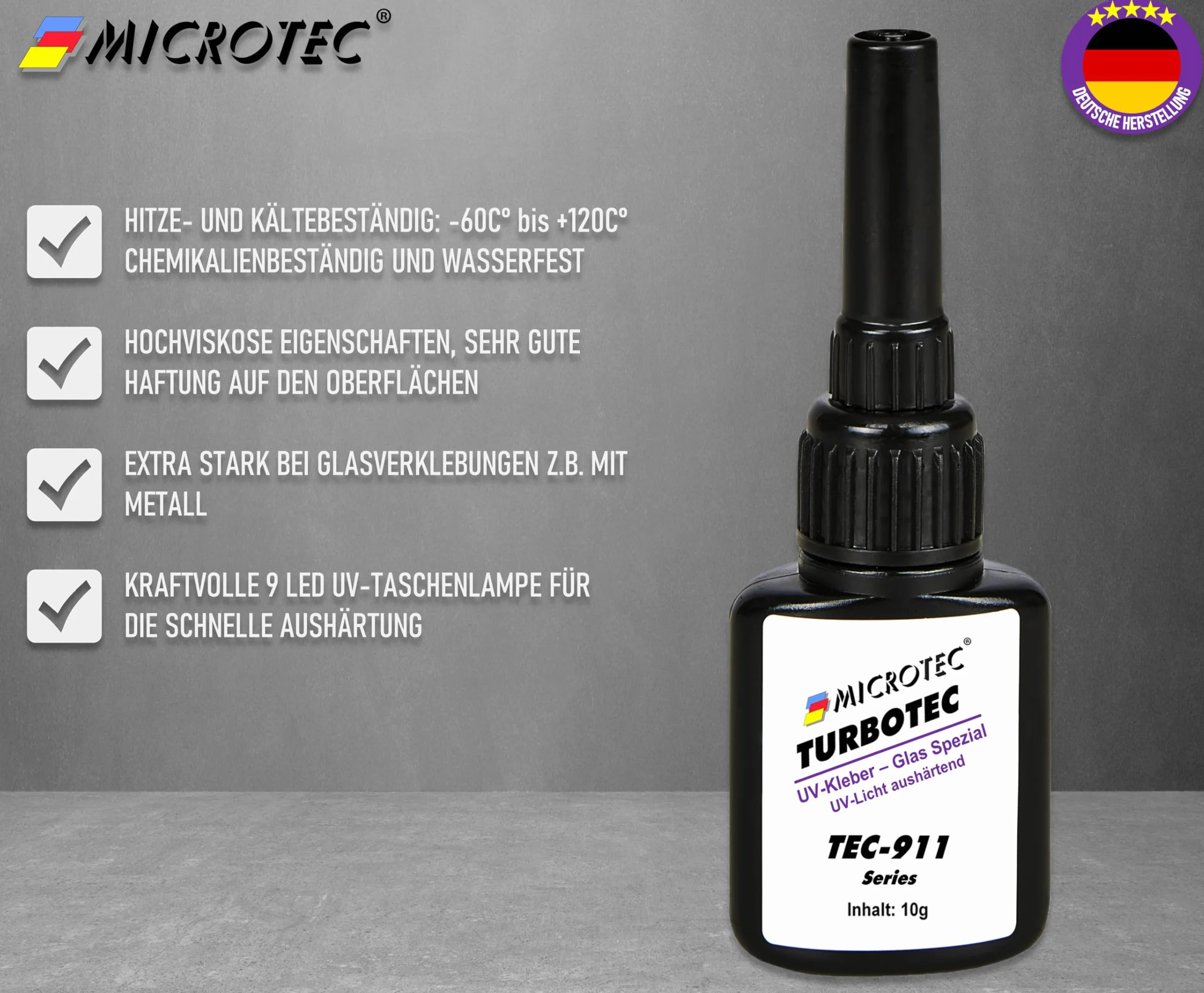 Microtec Turbotec 911 specjalny klej UV do szkła, bardzo mocny, do szkła/metalu, 10 g, z latarką UV, utwardzający światło i przezroczysty klej, wysokiej jakości produkt z Niemiec