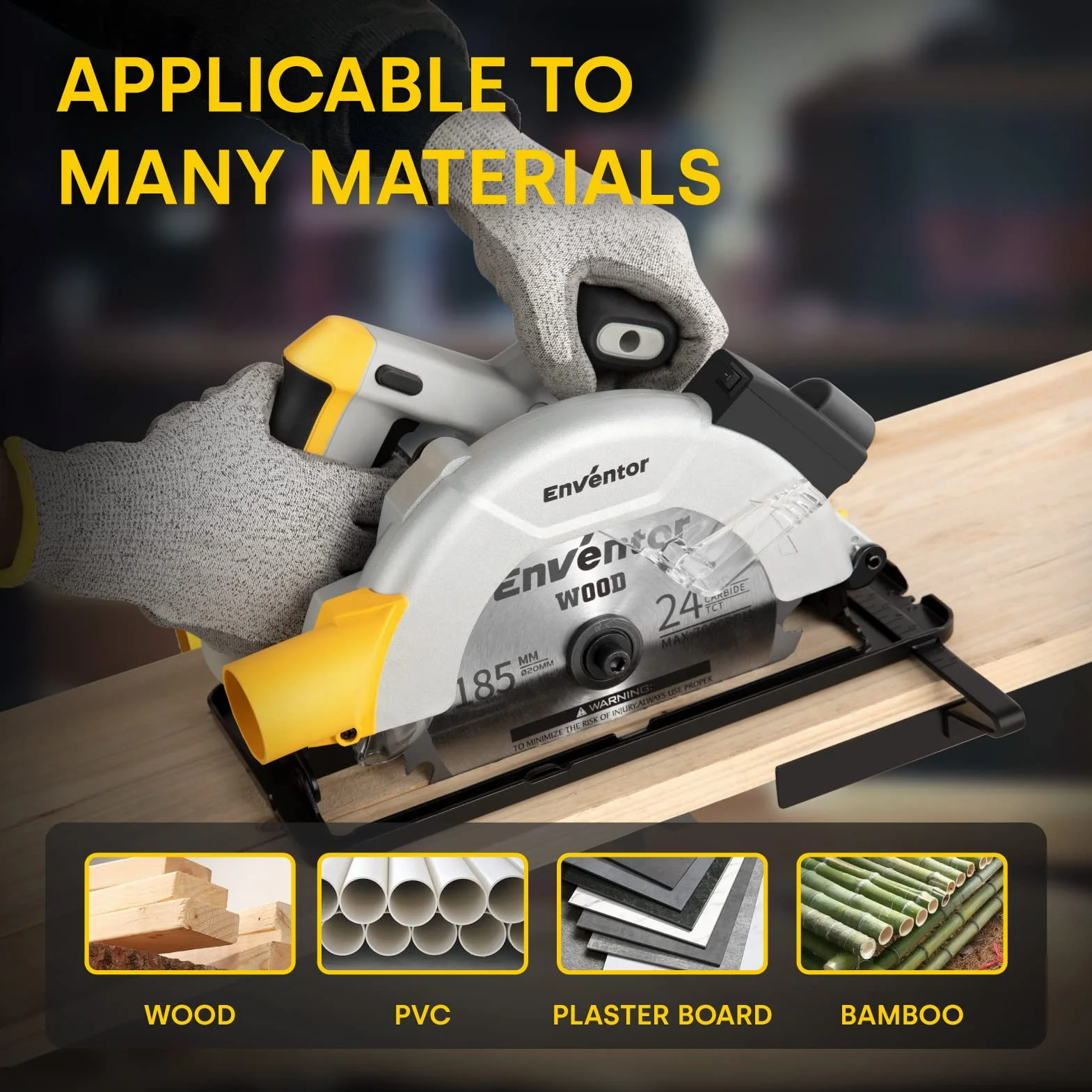 ENVENTOR ręczna pilarka tarczowa 1200 W, z 2 x brzeszczotami tarczowymi, (średnica brzeszczotu: 185 mm, 24T + 40T), 5800 obr./min, z prowadnicą laserową i prowadnicą Rip Guide, do drewna, miękkiego