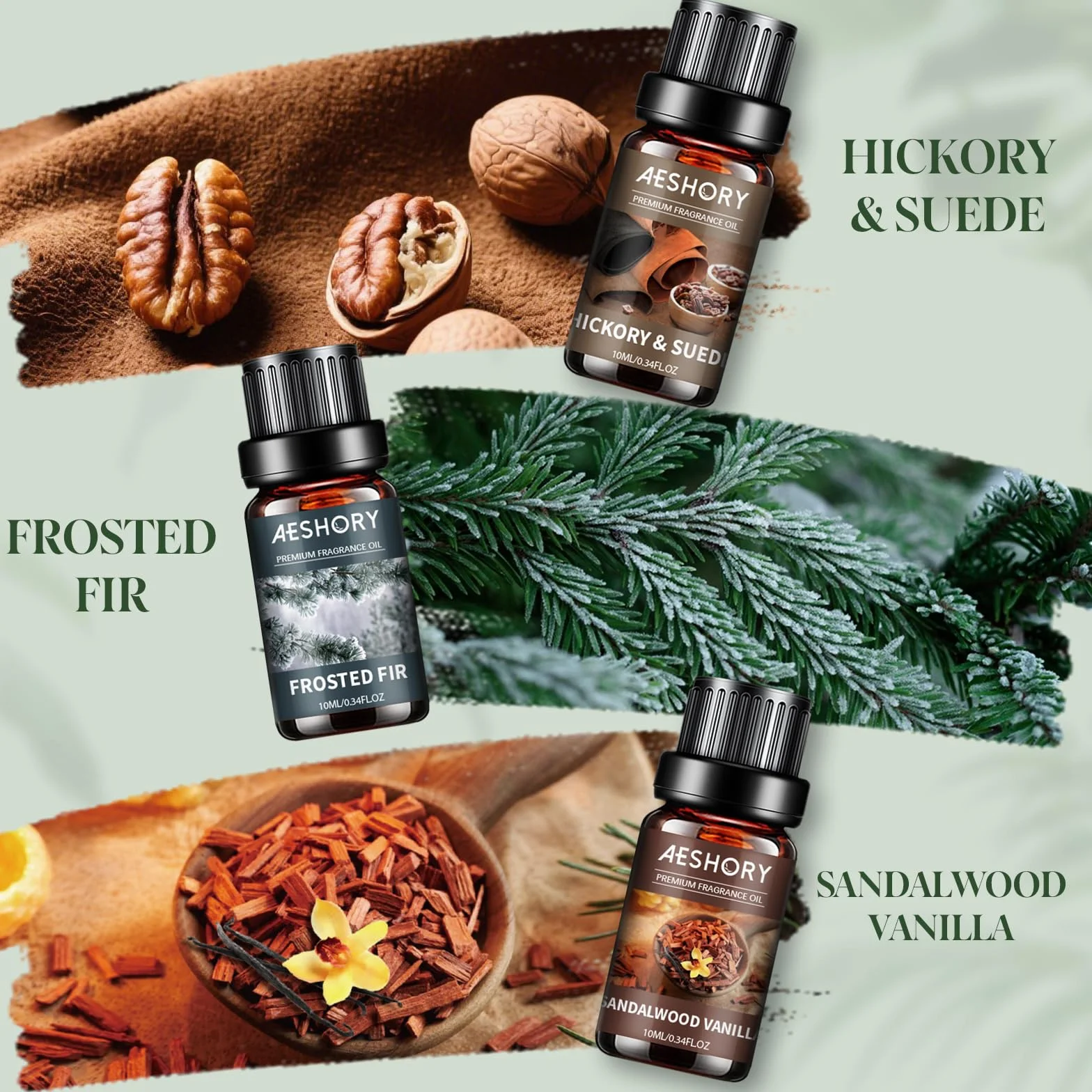 Aeshory 6 x 10 ml Seria Leśna Zestaw Olejków Eterycznych, Naturalne Olejki Zapachowe Do Dyfuzora – Hikora I Zamsz, Drzewo Sandałowe I Wanilia, Oszroniona Jodła, Palo Santo I Mahoń, Cedr I Bursztyn