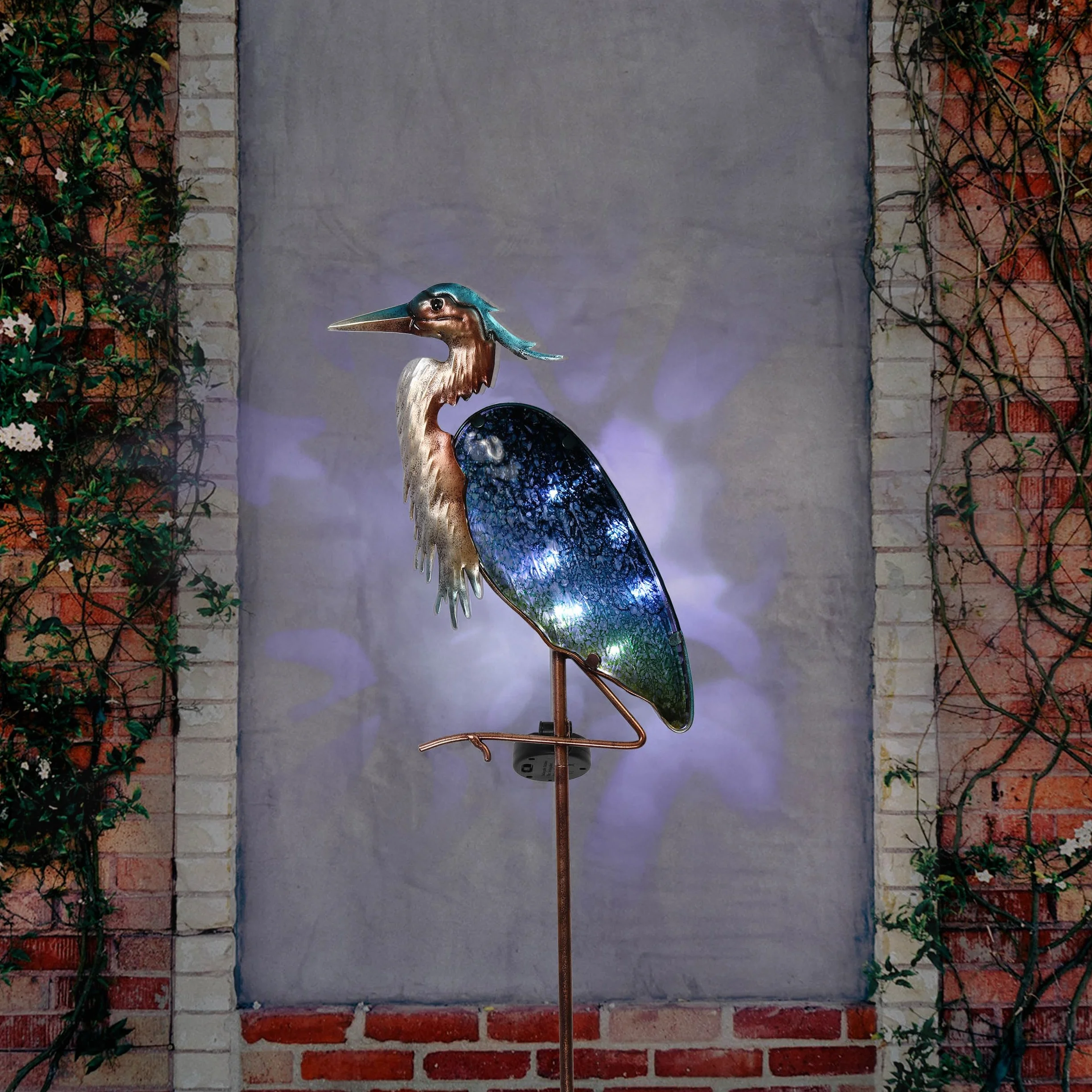 TERESA’S COLLECTIONS Grey Heron Garden Figure Outdoor Solar Light 106cm Solar LED Garden Light Metal Glass Wodoodporna ścieżka światła z kolcem Ground Solar Lamp Garden Decoration