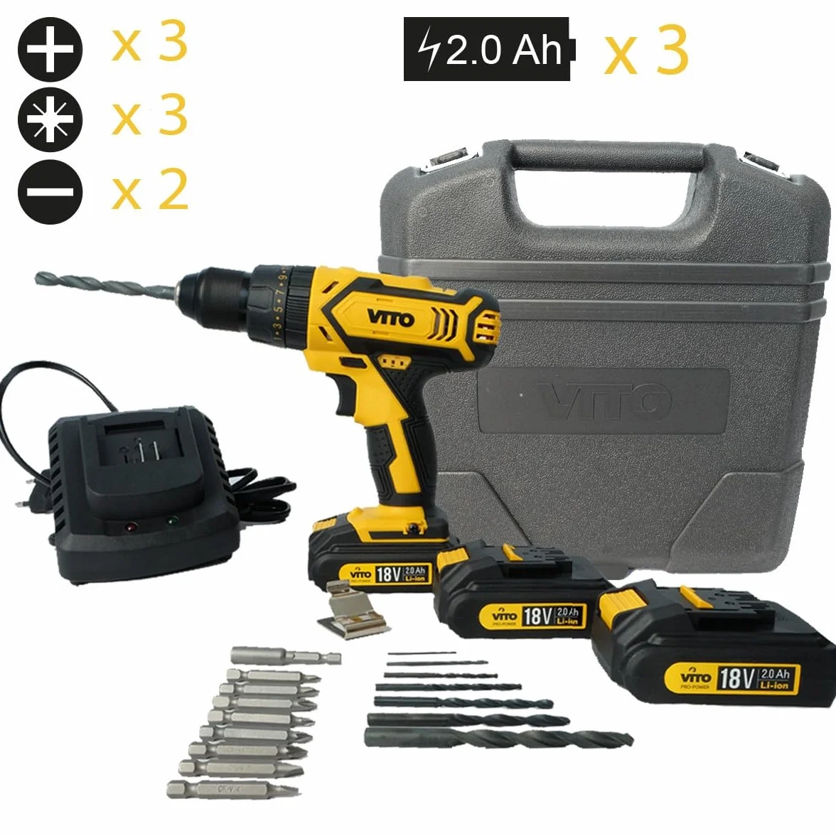 Wiertarka wkrętarka 18V VITOPOWER + 3 akumulatory LITHIUM 2.0 Ah walizka 18 akcesoriów