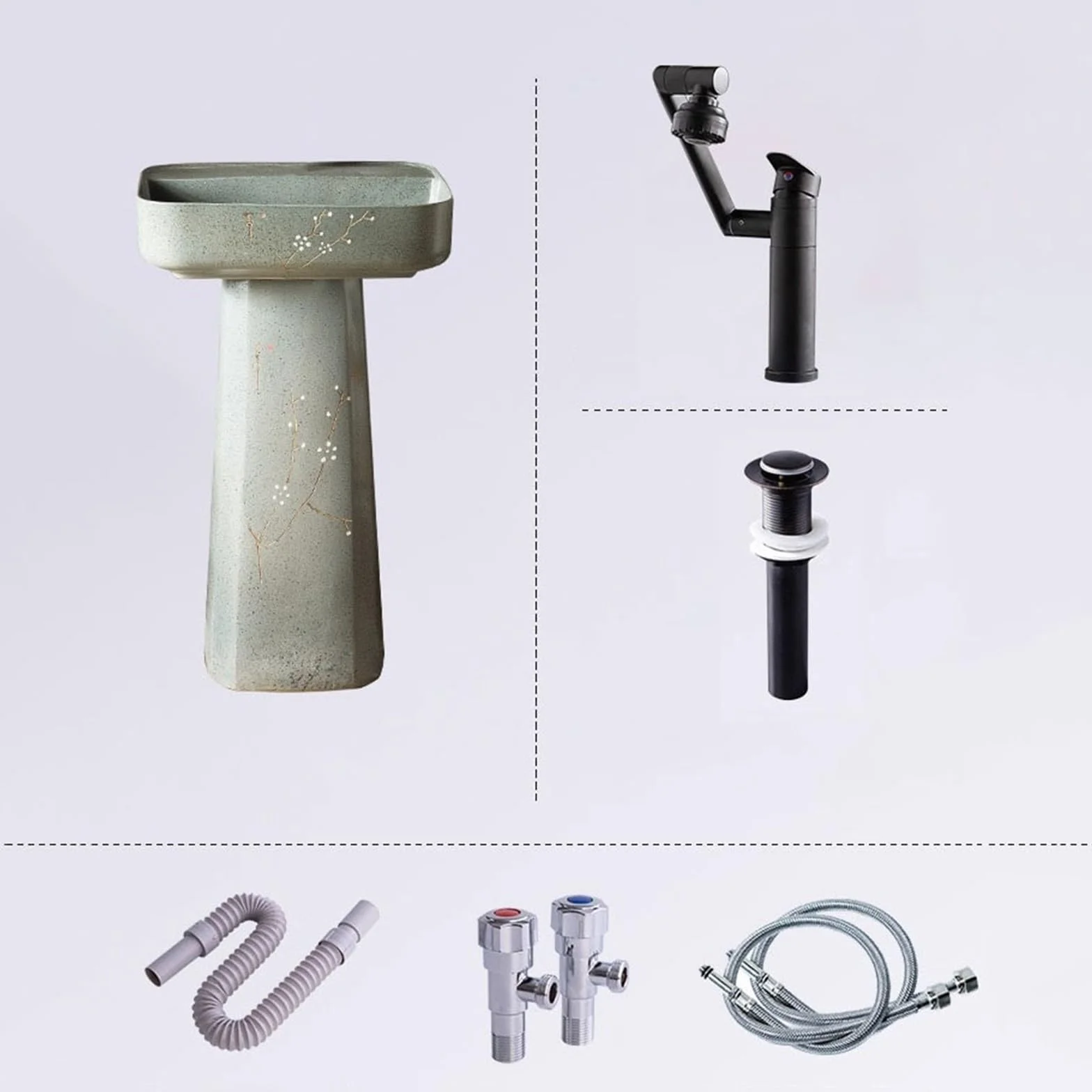 Umywalka łazienkowa na cokole, umywalka łazienkowa z cokołem chińskim w stylu vintage, umywalka łazienkowa z ceramiczną podstawą, dwuczęściowy zlew podłogowy (B)