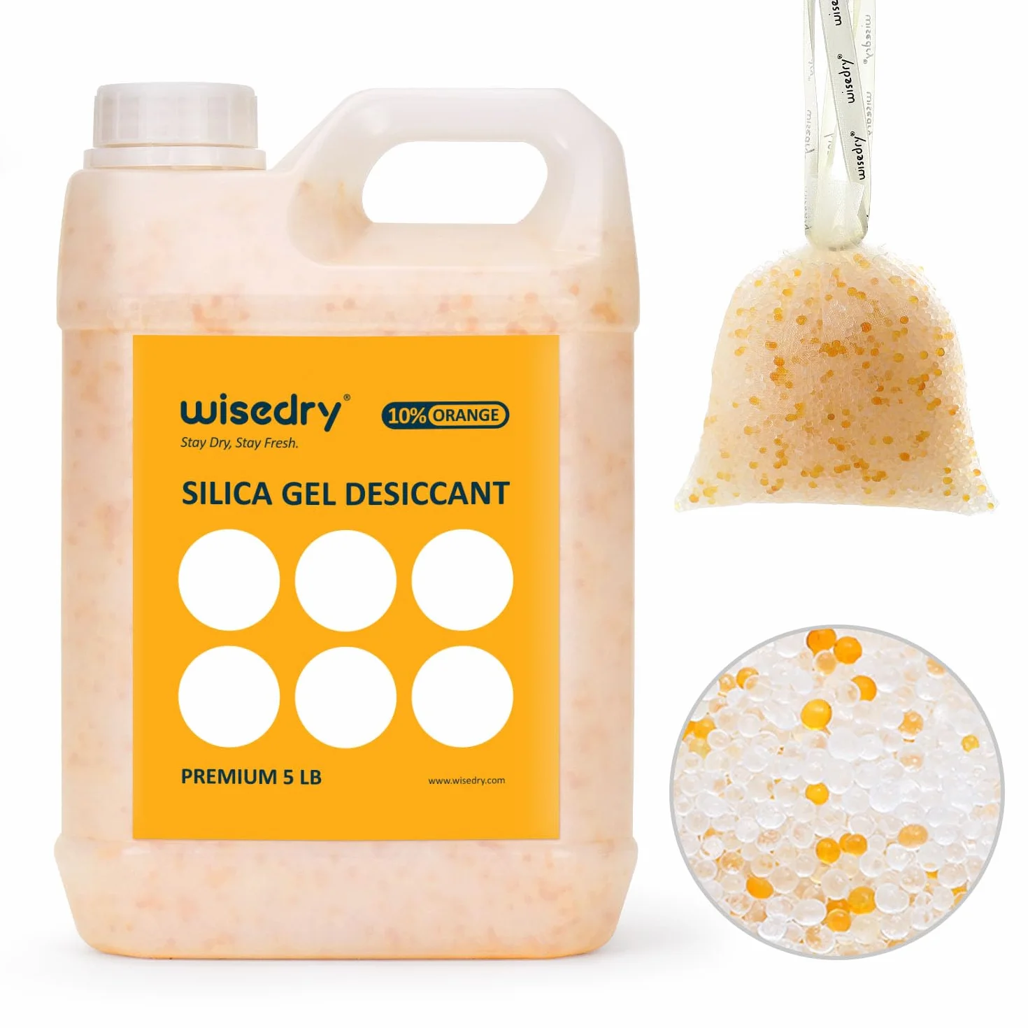 wisedry (5 LBS) Kulki z żelem krzemionkowym wielokrotnego użytku z kolorowym wskaźnikiem wielokrotnego ładowania Środek osuszający luzem z 10-częściowymi woreczkami z organzy ze sznurkiem