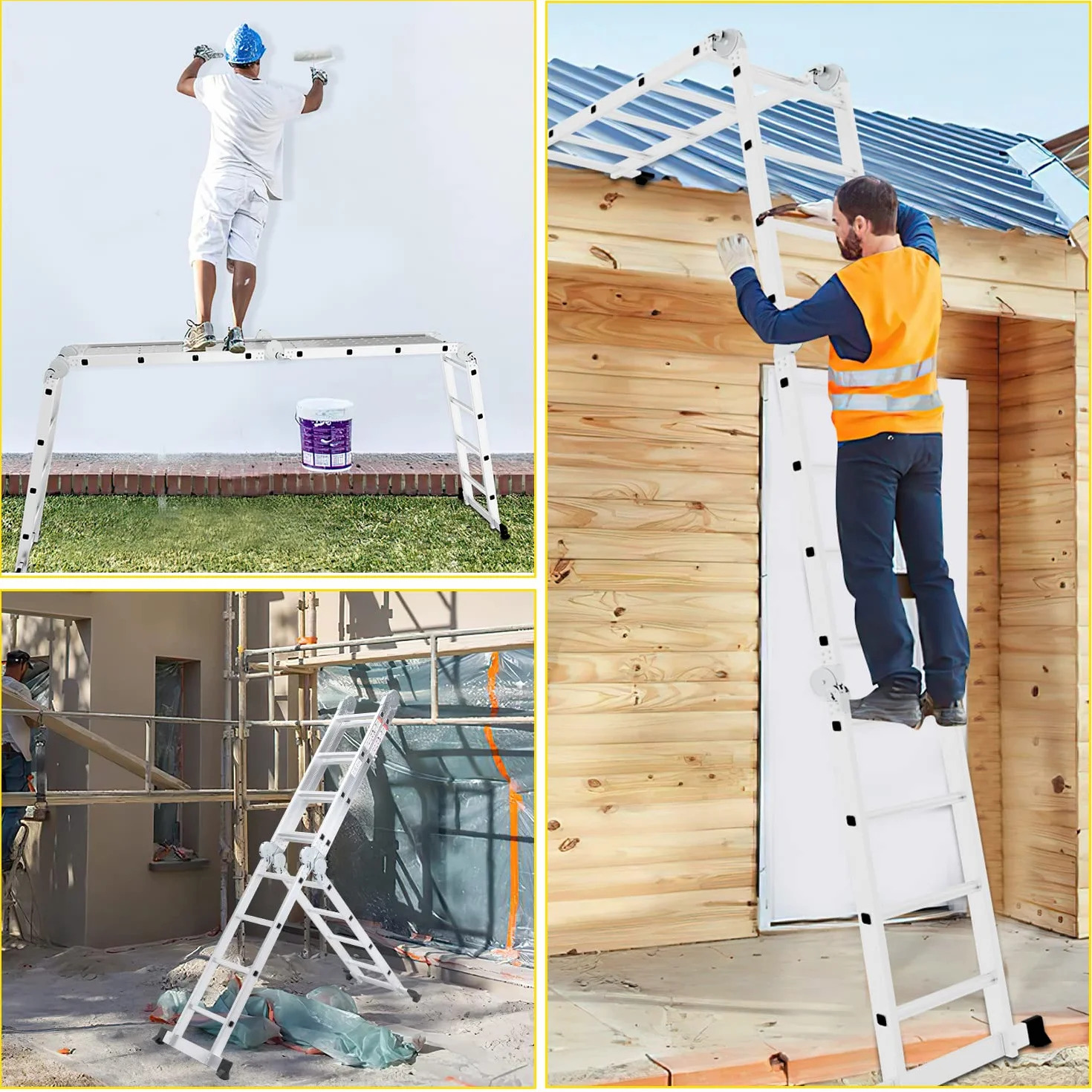 Herrselsam Wielofunkcyjna drabina 4 x 4, 7 w 1, 470 cm, aluminiowa, z 2 platformami i kółkami, maksymalne obciążenie 150 kg, drabina wielofunkcyjna 16 szczebli (DY8972-M-1x)