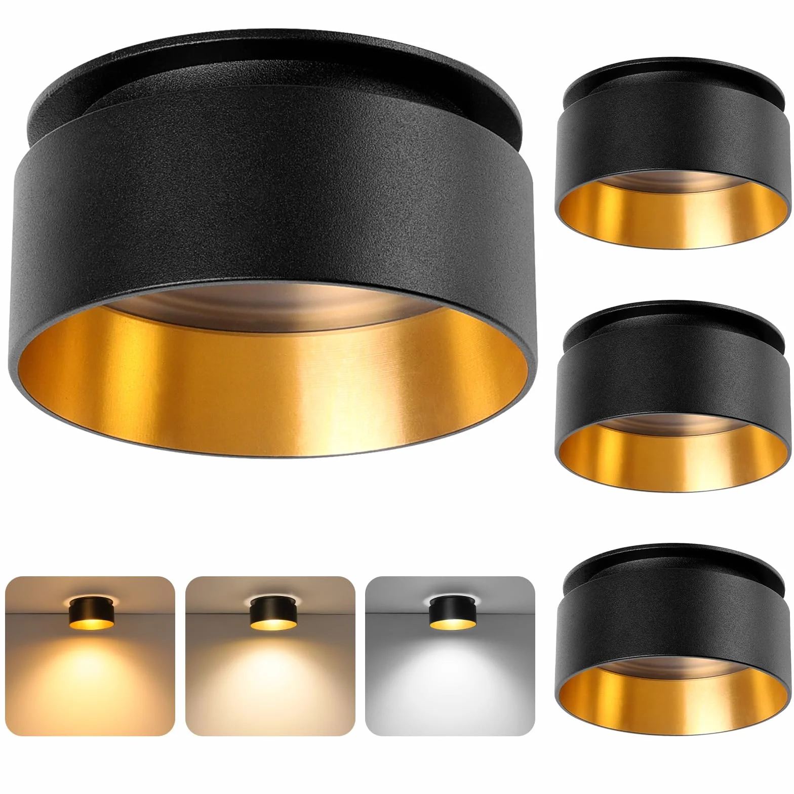 KYOTECH Oświetlenie sufitowe LED, zestaw 4 czarno-złotych wpuszczanych diod LED, możliwość ściemniania, 3000 K-6500K, ciepła biel 500 lm, otwór 65-68 mm, do kuchni, sypialni, salonu