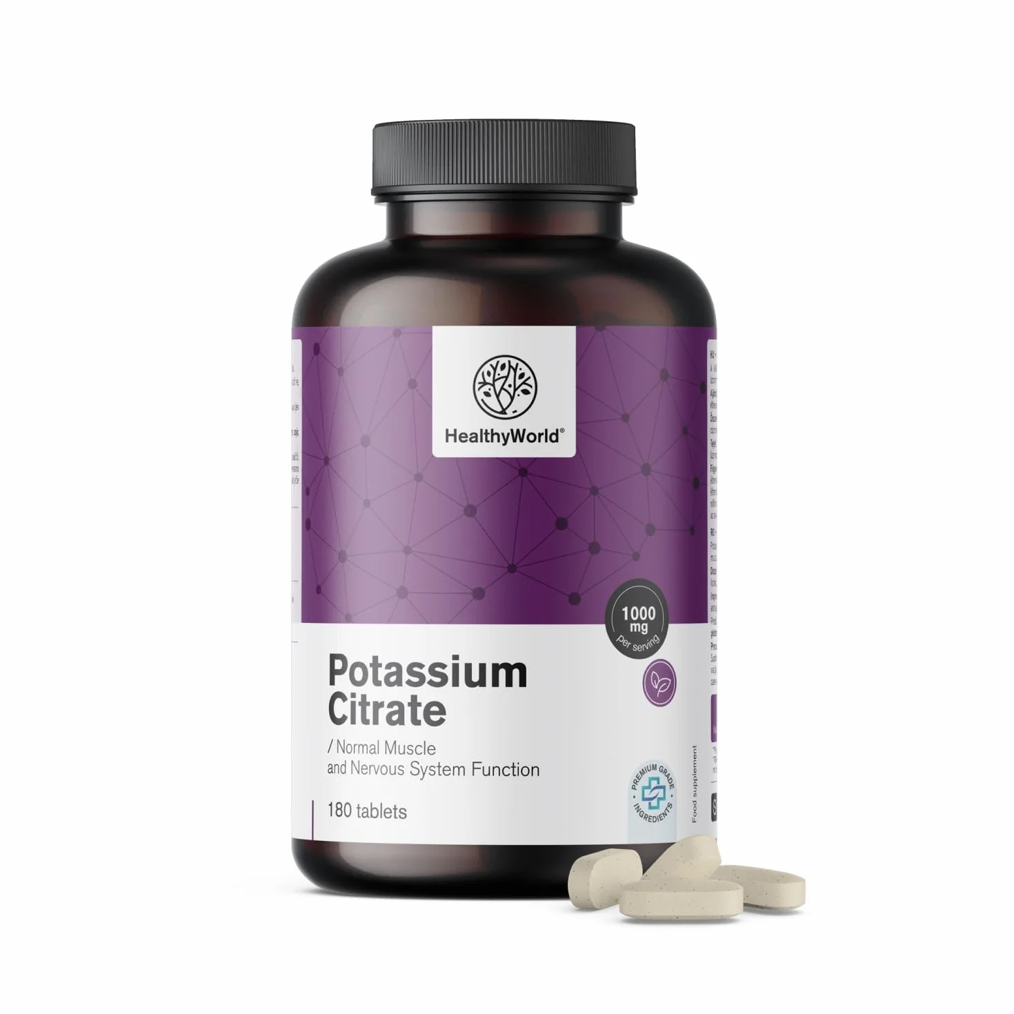 HealthyWorld Cytrynian potasu – 1000 mg w dziennej porcji – 180 tabletek – Optymalne stężenie – Wsparcie dla mięśni, układu nerwowego i ciśnienia krwi – Bez GMO – Zapas na 3 miesiące