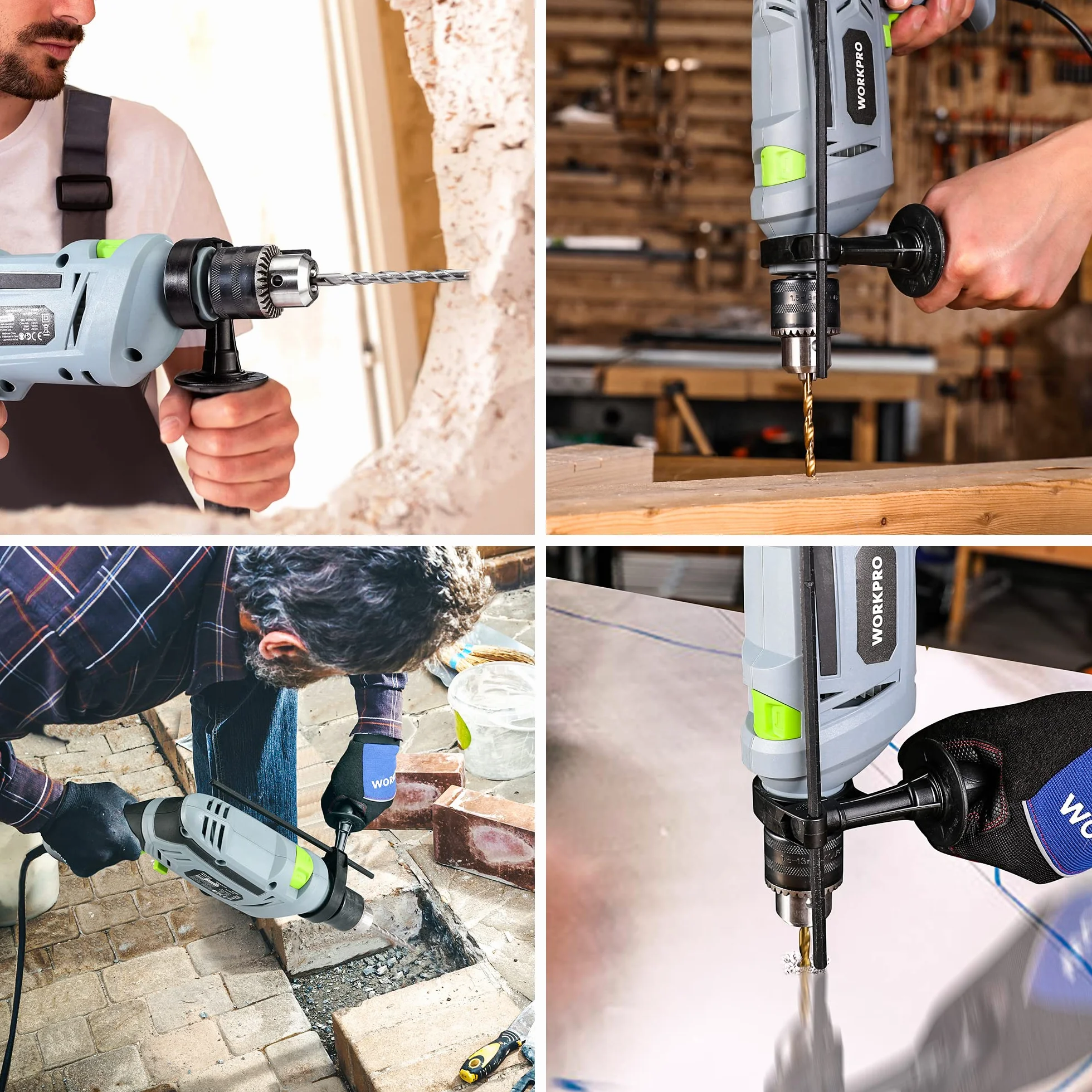 WORKPRO Wiertarka udarowa 850 W, wiertarka 3000 obr./min, młotek i wiertło 2 w 1 z uchwytem obrotowym 360°, uchwyt wiertarski 13 mm, w zestawie 3 wiertła spiralne i 2 wiertła do betonu