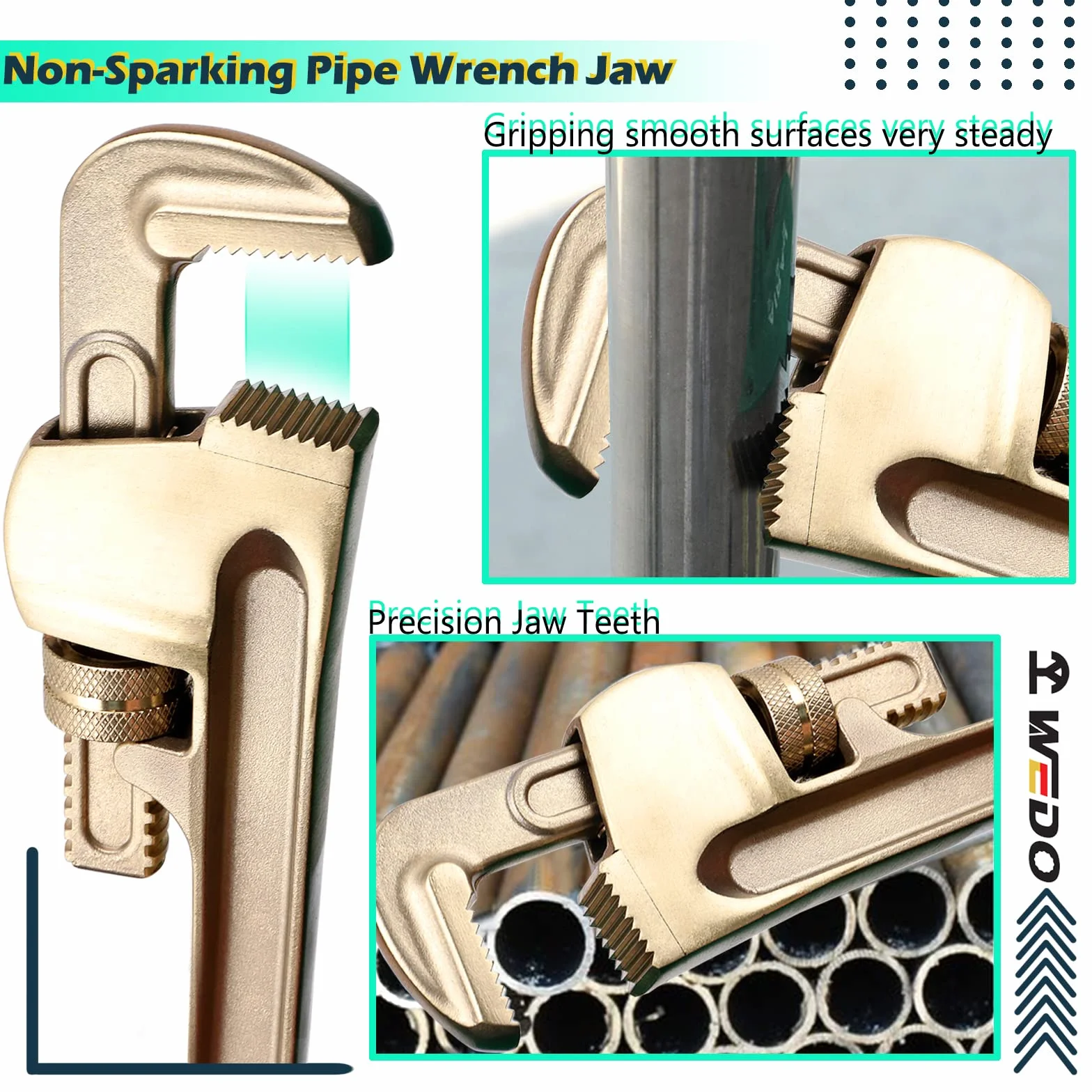 WEDO 8-calowy klucz do rur nieiskrzących, klucze do rur prostych szczęk maksymalna pojemność 2,5 cm, brąz aluminiowy, standard DIN, certyfikat BAM i FM