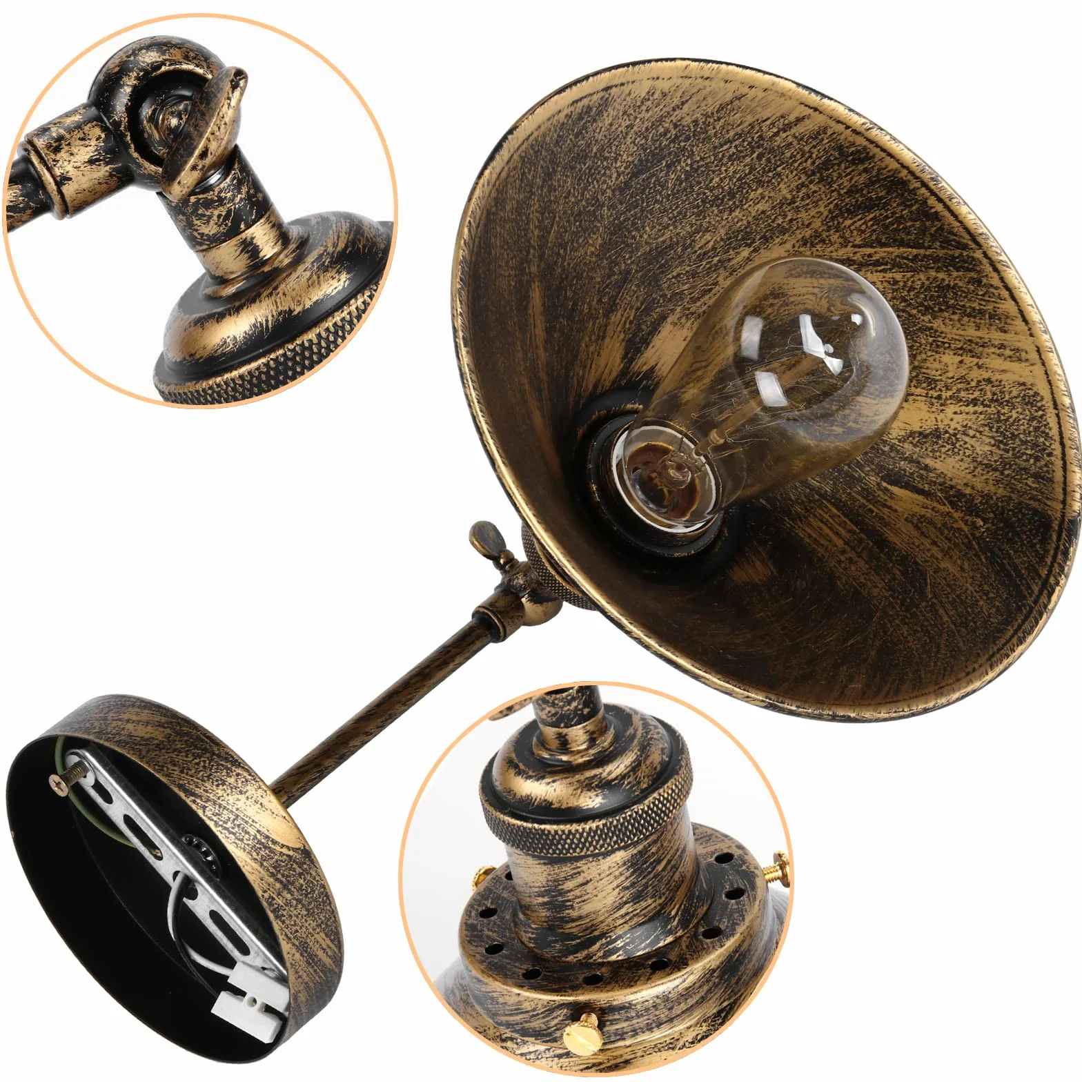 iDEGU 2 szt. Industrial Wall Lamp E27 Edison Style Metal Rotation 180° Kinkiet ścienny Vintage Lampa sufitowa do sypialni salonu kuchni korytarza, 22 cm (2 x brąz)