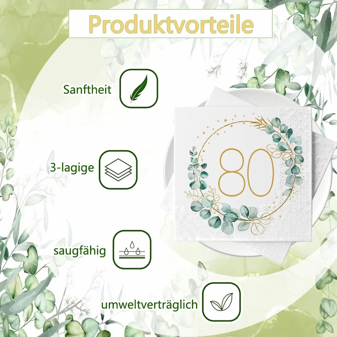 Sprinlot Serwetki dekoracyjne na 80. urodziny, 40 sztuk, eukaliptus, urodziny, serwetki, złote, zielone, papierowe serwetki dla 80 mężczyzn, kobiet, dekoracja urodzinowa, impreza, dekoracja stołu