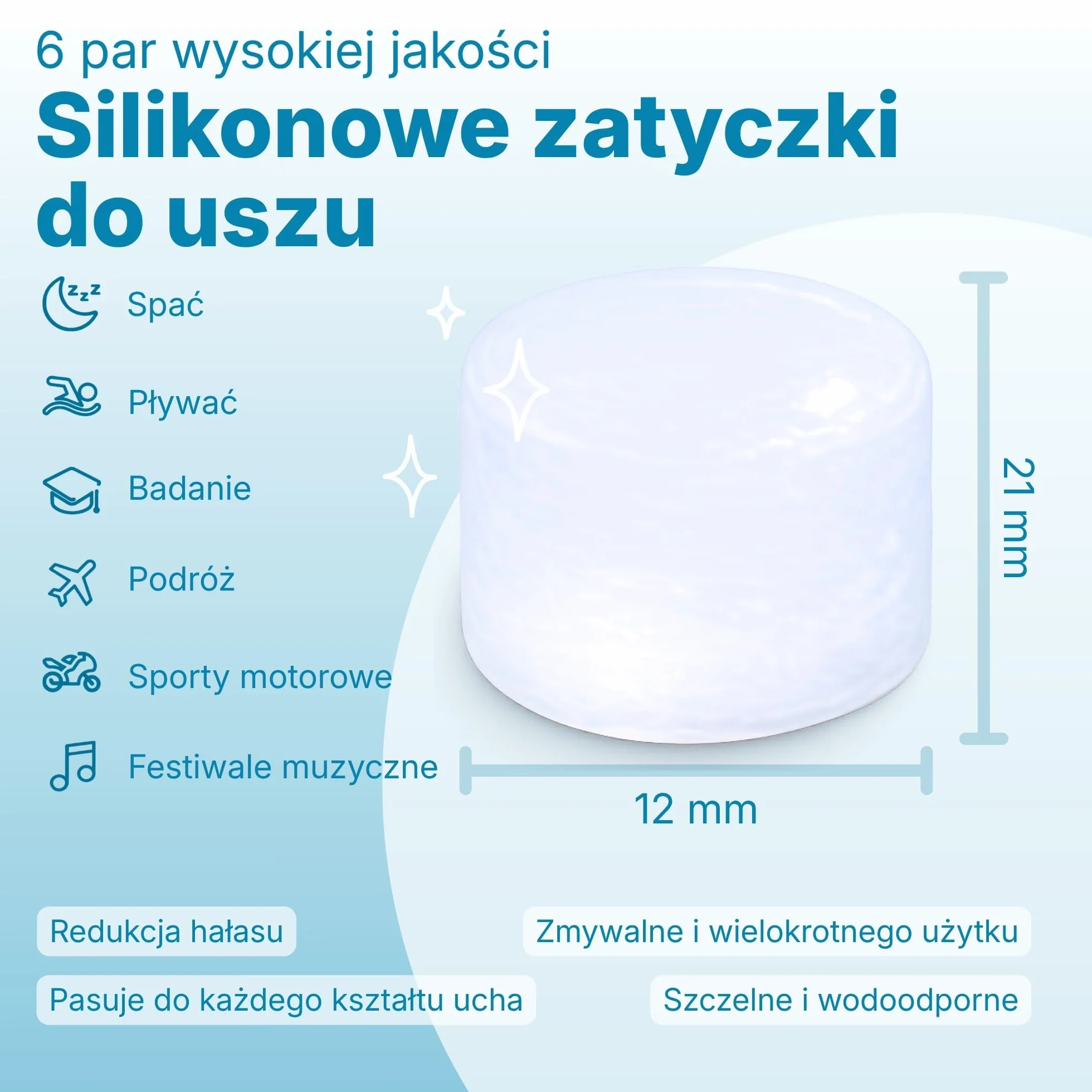 Medi Grade Silikonowe Zatyczki do Uszu 27dB Wielorazowe Stopery na Chrapanie 6 Par