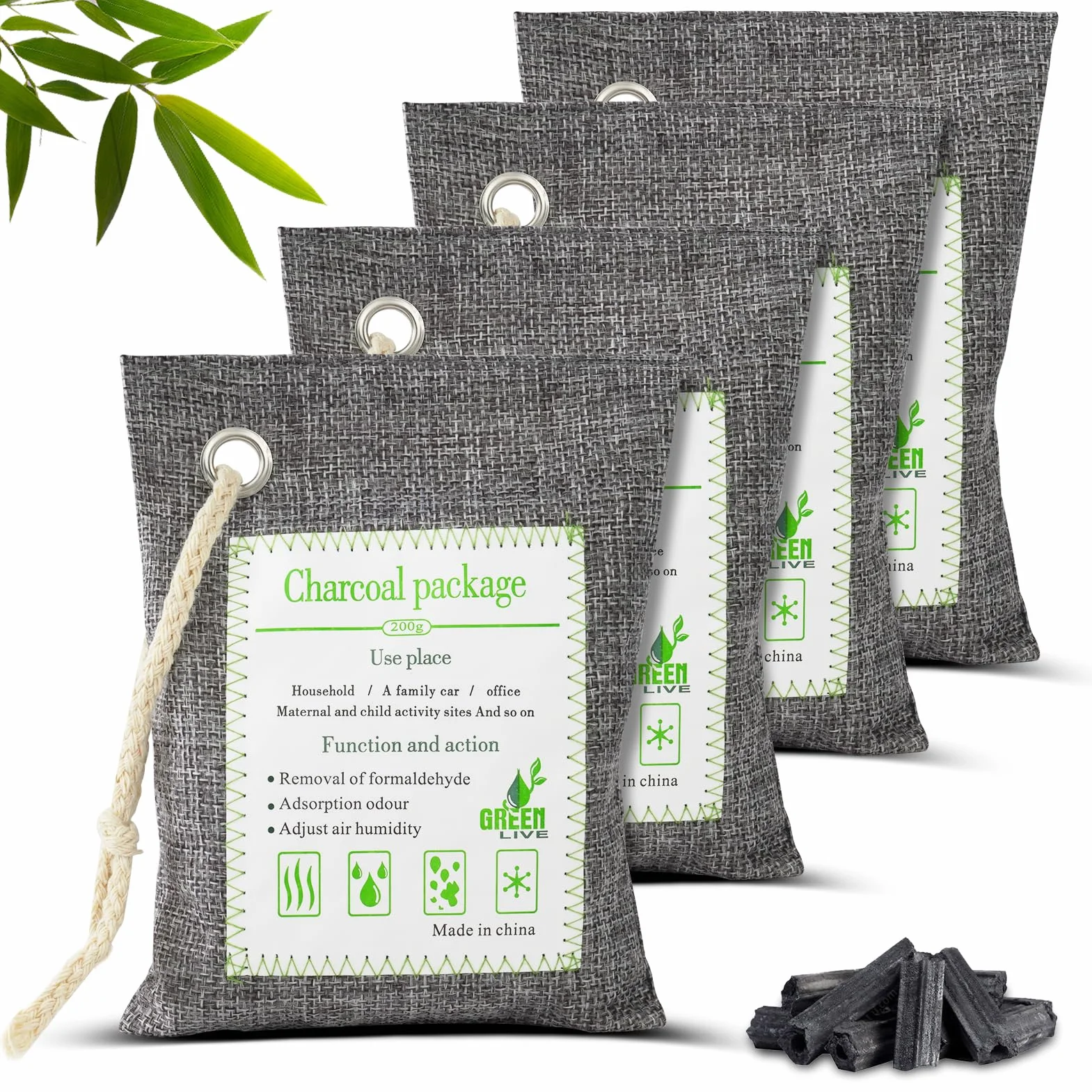 HOTUT Worki do oczyszczania powietrza z węgla bambusowego, 4 x 200 g, worki z węglem aktywnym, usuwają zapachy i wilgoć, pochłaniają zapachy do domu, samochodu, zwierząt domowych, łazienki