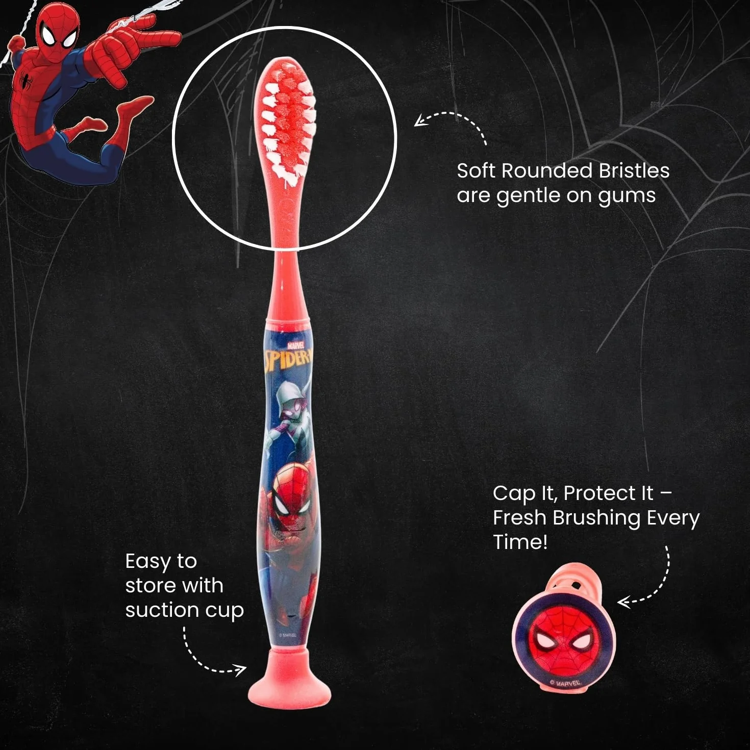 Mr.White Spider-Man zestaw podróżny dla dzieci – zestaw 3 przyborów toaletowych w rozmiarze podróżnym, zawiera szczoteczkę do zębów dla dzieci, pastę do zębów dla dzieci 25 ml i czapkę podróżną – podróżny zestaw dentystyczny dla dzieci