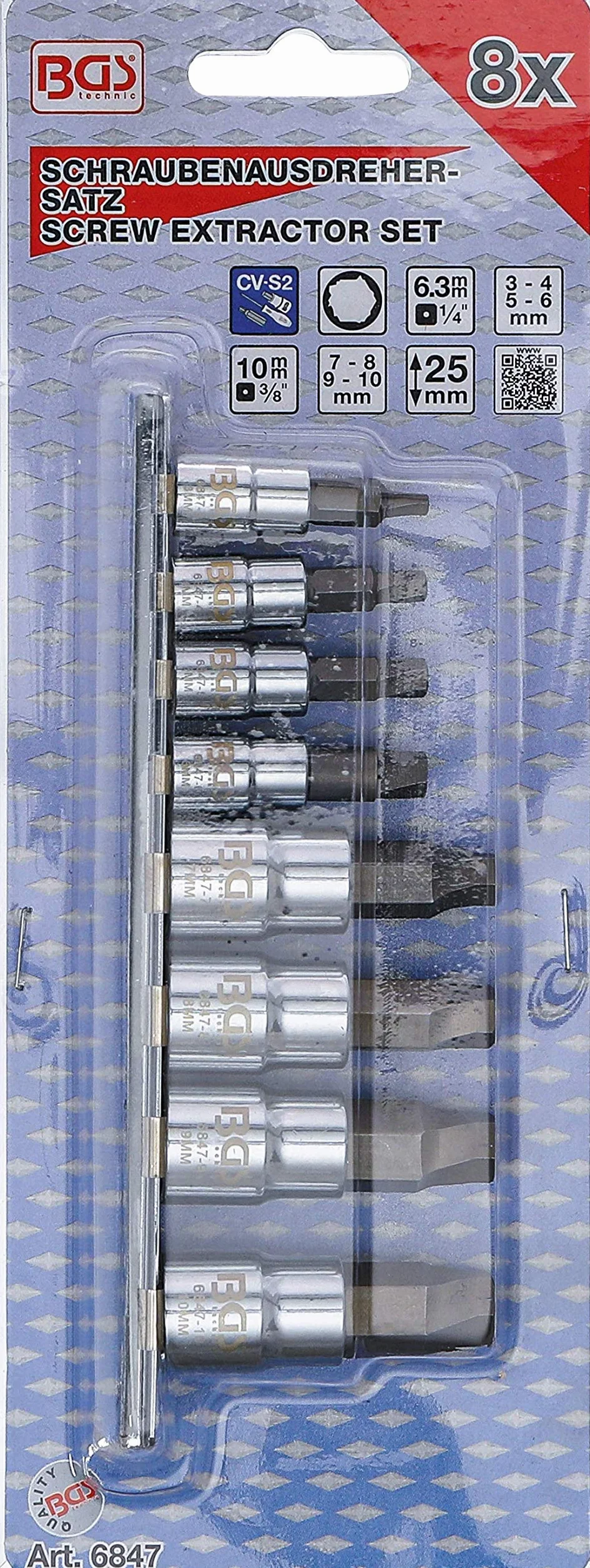 BGS 6847 | Zestaw wykrętaków | napęd 6,3 mm (1/4") / 10 mm (3/8") | do uszkodzonych gniazdo sześciokątneów 3 - 10 mm | 8 szt.