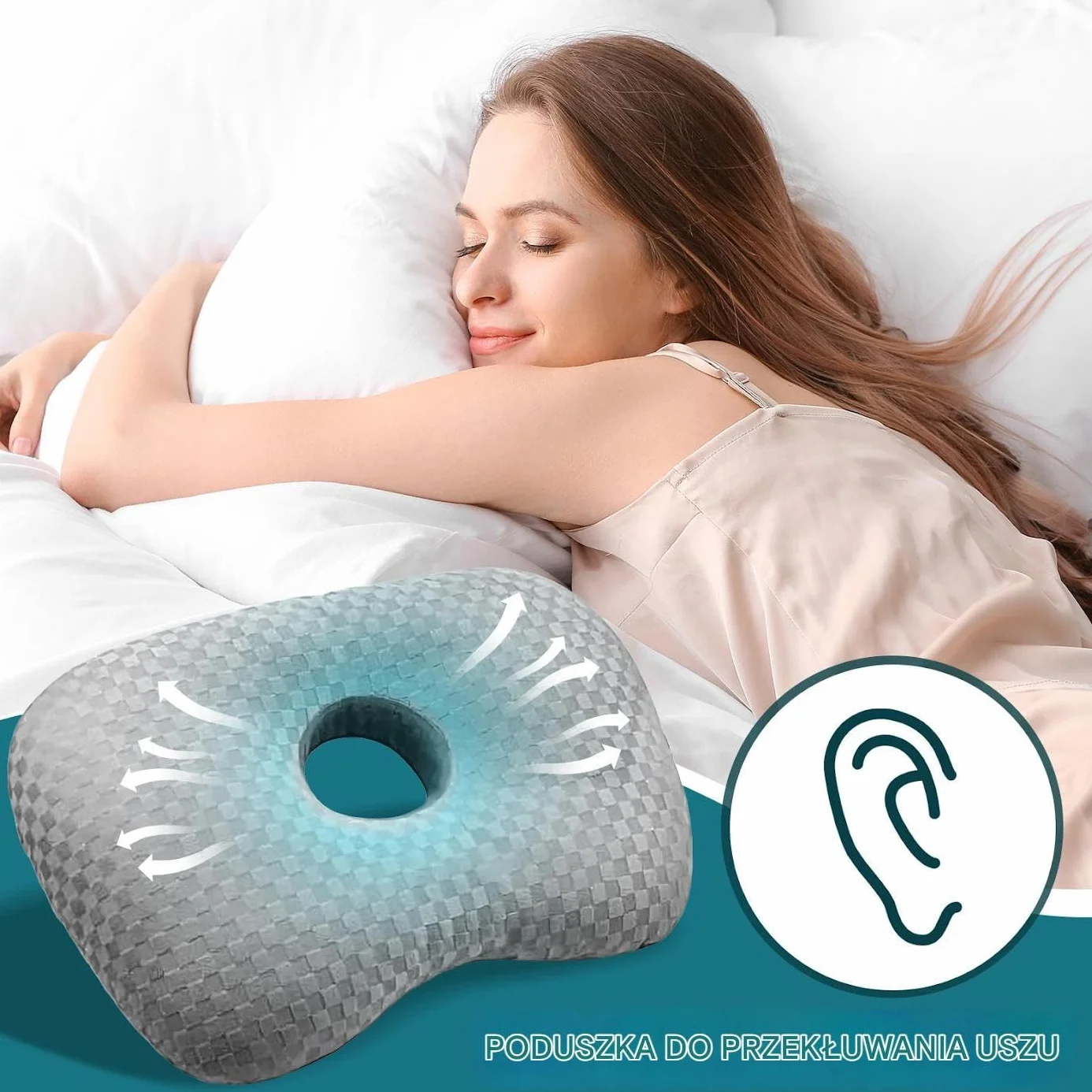 Piercing Pillow, Donut Pillow, 17.32x12.6x0.79inches, Ergonomic Cushion with Ear Holes, Soft and Supportive Design, Ideal for Travel, Office, Dorm, Car, Apartment, Road Trips, Gray Color