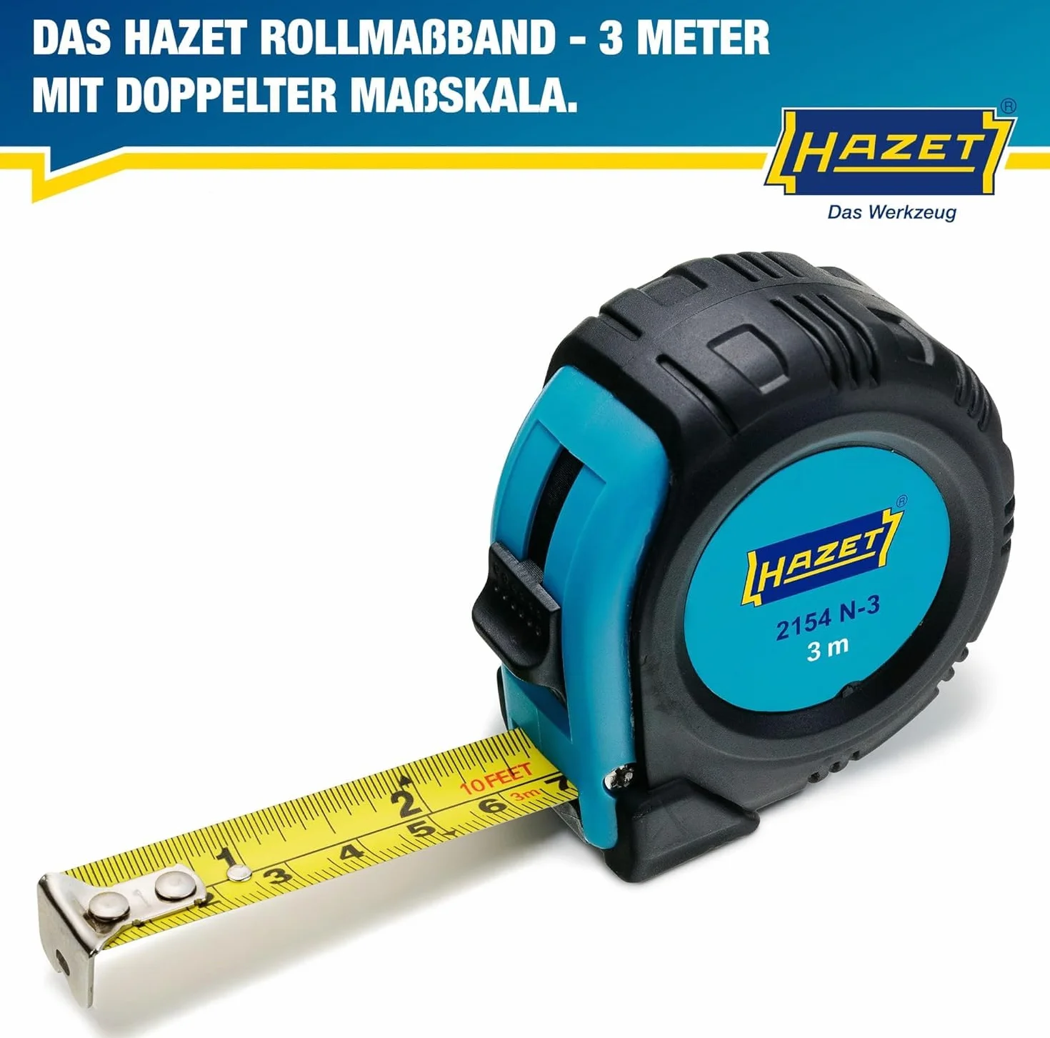 HAZET Taśma miernicza rolkowa 2154N-3, 3000 mm, wielokolorowa, typ zamka przesuwnego, ostrze ze stali stopowej, obudowa z tworzywa sztucznego