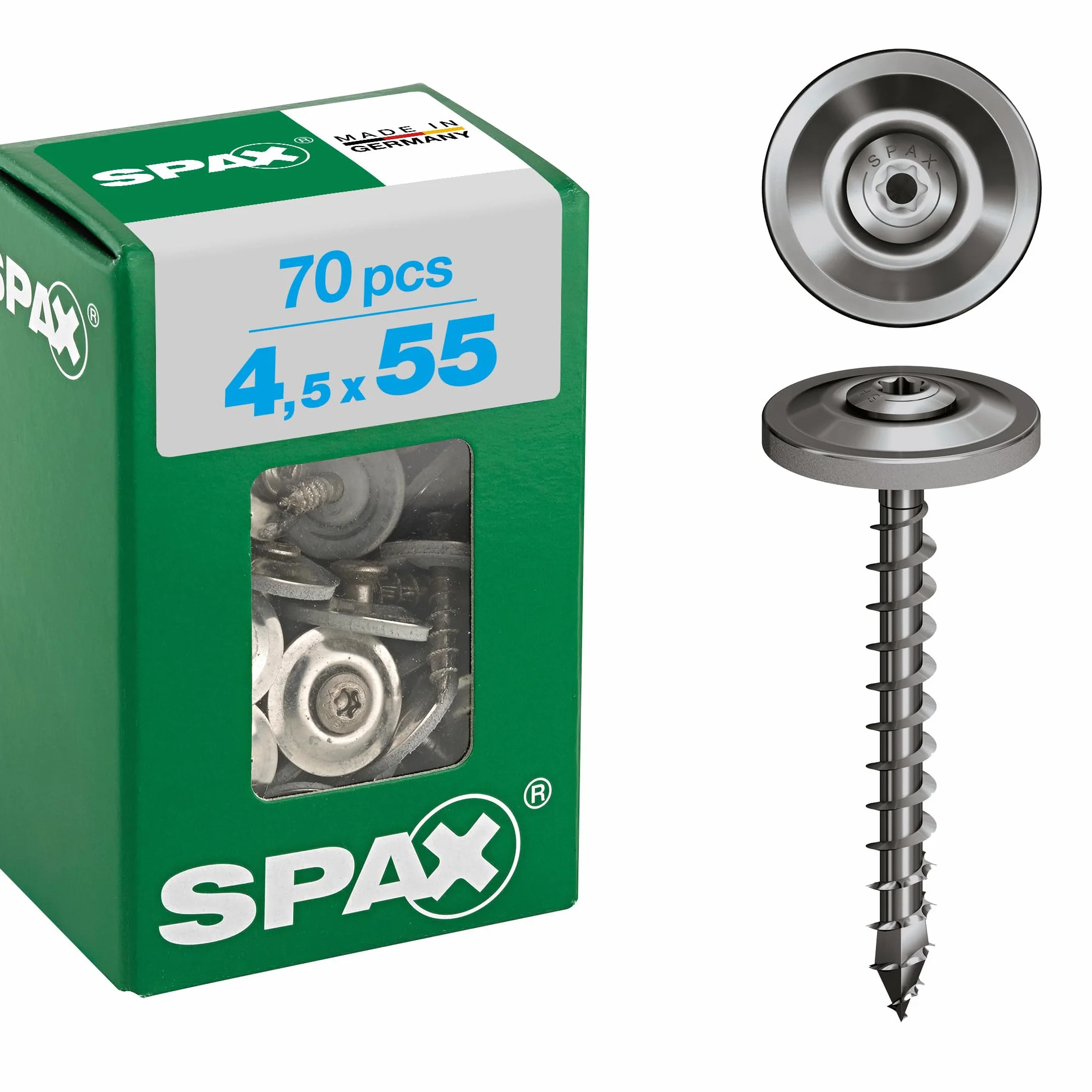 458700045556 wkręt do dyspensera, 4,5 x 55 mm, 70 sztuk, pełny gwint, łeb stożkowy soczewki, T-STAR plus T20, 4CUT, stal nierdzewna A2, podkładka uszczelniająca 15 mm