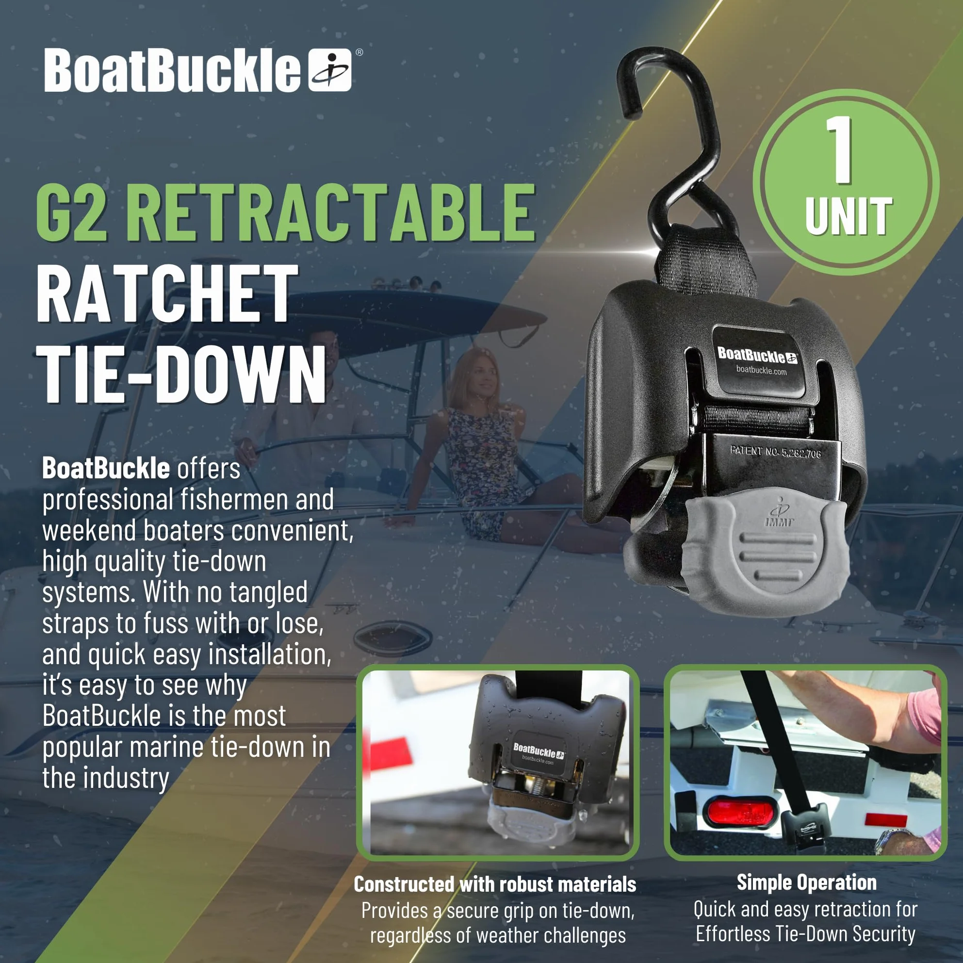 BoatBuckle Pasy pawęży do łodzi G2 do przyczepy łodzi (5 x 100 cm, wytrzymałość na rozerwanie 1,1 kg) pasy mocujące z grzechotką do przyczepy, śruba na chowanych paskach zapadkowych, 1 szt