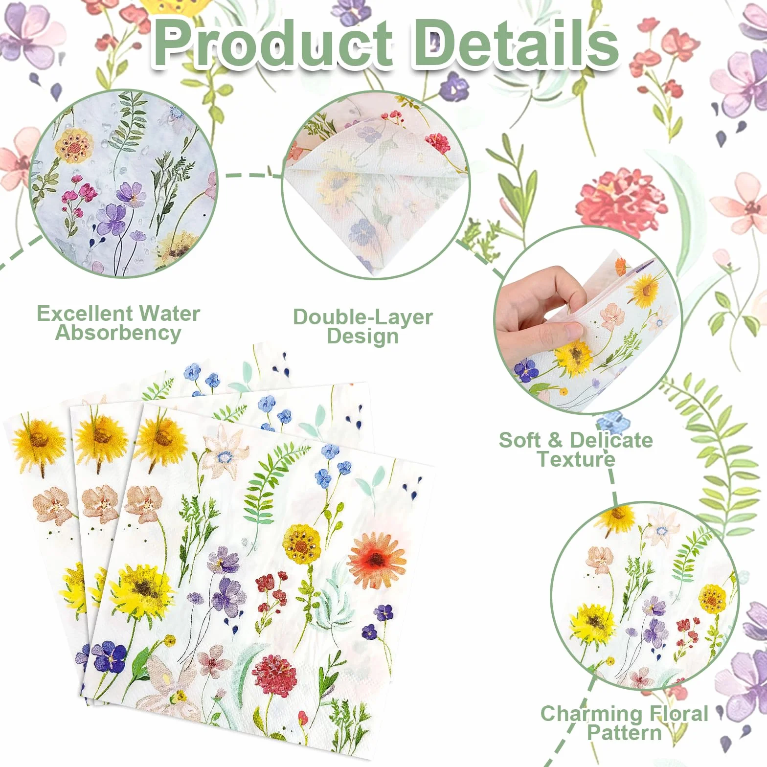 Flintronic 40 sztuk serwetek kwiatowych, 2-warstwowe, eleganckie serwetki papierowe, 33 x 33 cm, jednorazowe serwetki deserowe na urodziny, wesela, baby shower, komunia
