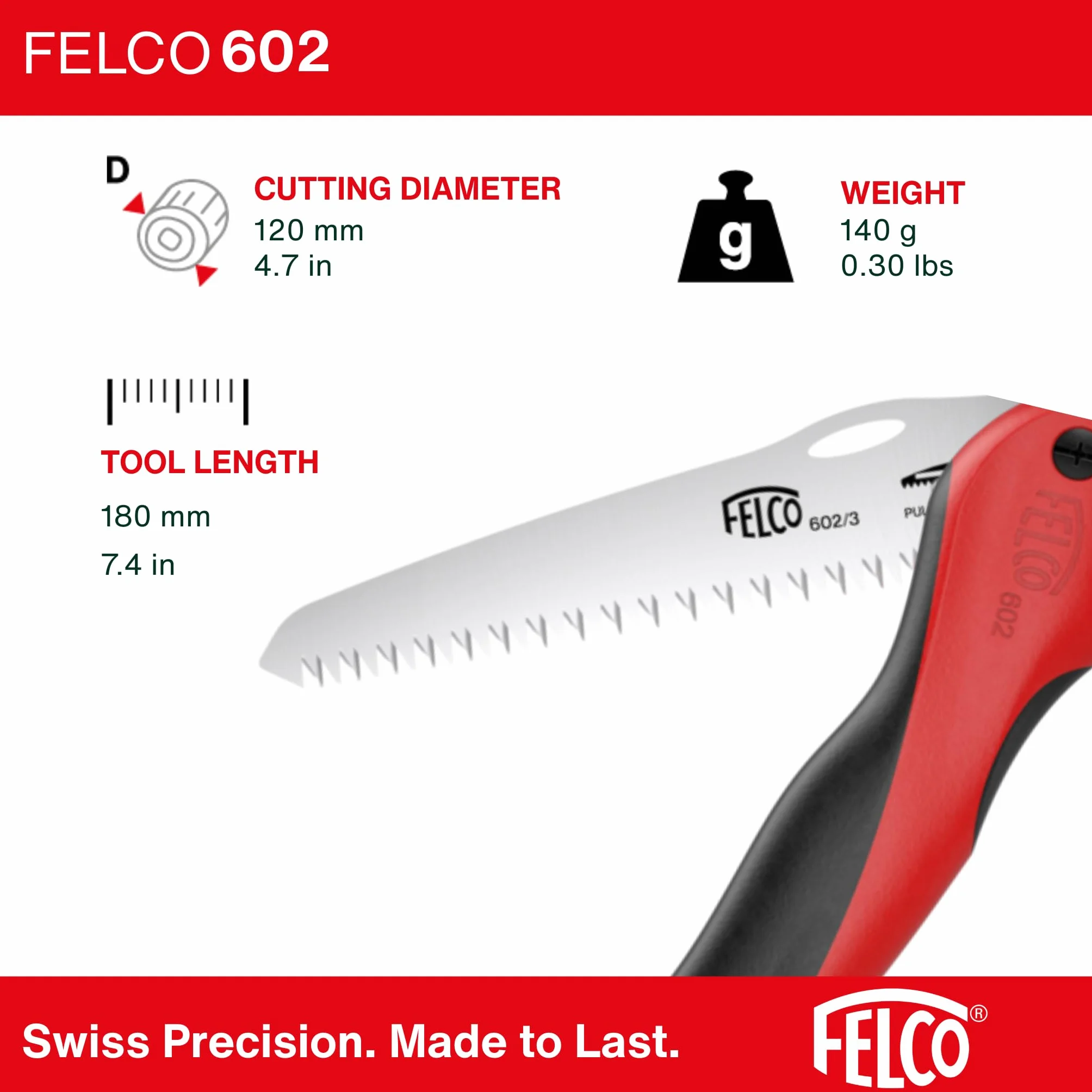 FELCO 602 piła składana prosta 160 mm, rękojeść soft touch, cięcie 80 mm, oburęczna, do ogrodu i przycinania