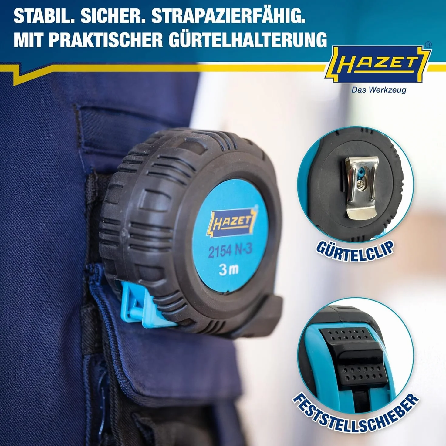 HAZET Taśma miernicza rolkowa 2154N-3, 3000 mm, wielokolorowa, typ zamka przesuwnego, ostrze ze stali stopowej, obudowa z tworzywa sztucznego