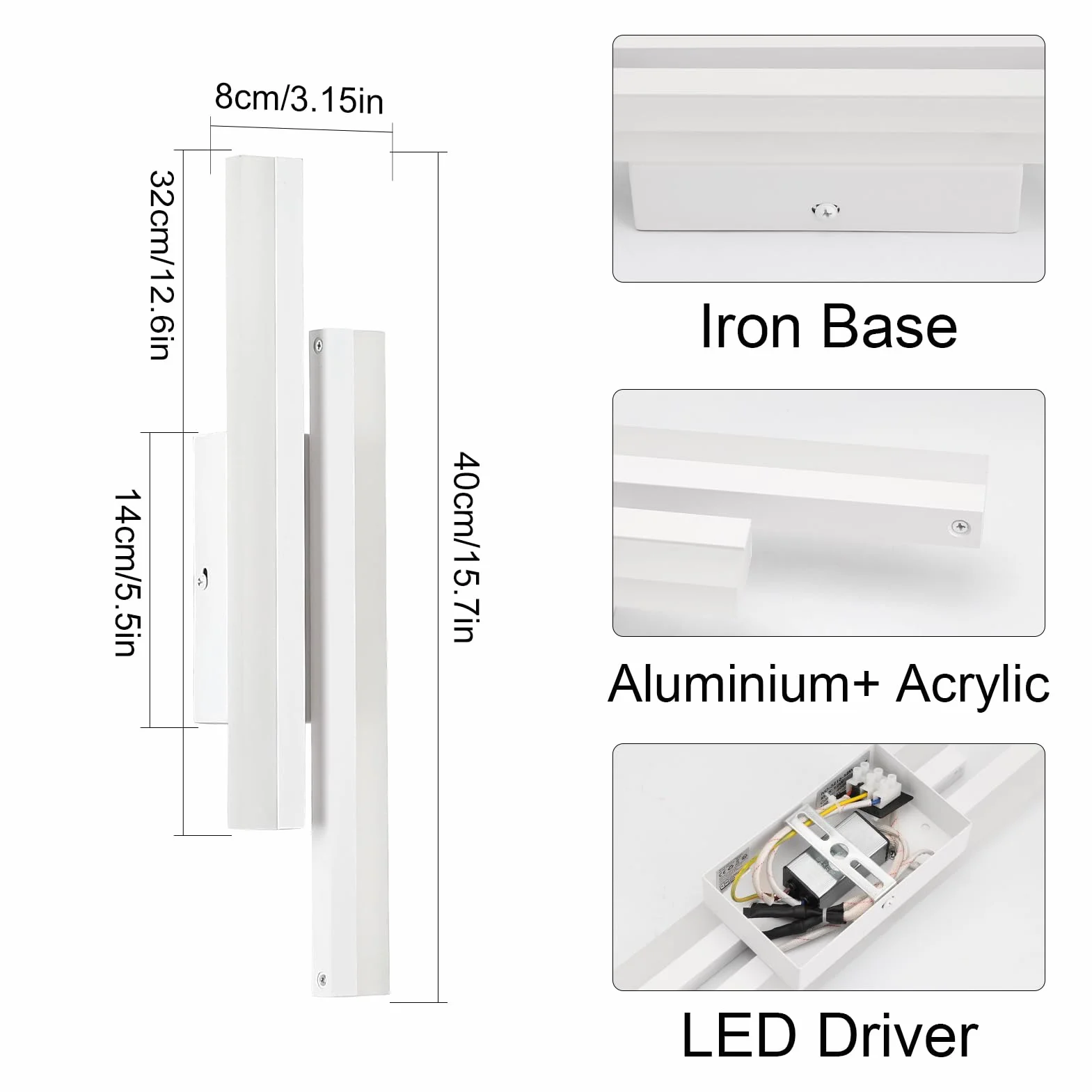 Klighten Lampa ścienna LED do wnętrz, 40 cm, 12 W, 850 lumenów, nowoczesna lampa, aluminium, żelazo + akryl, do sypialni, salonu, korytarza, klatki schodowej, 110-240 V, biała