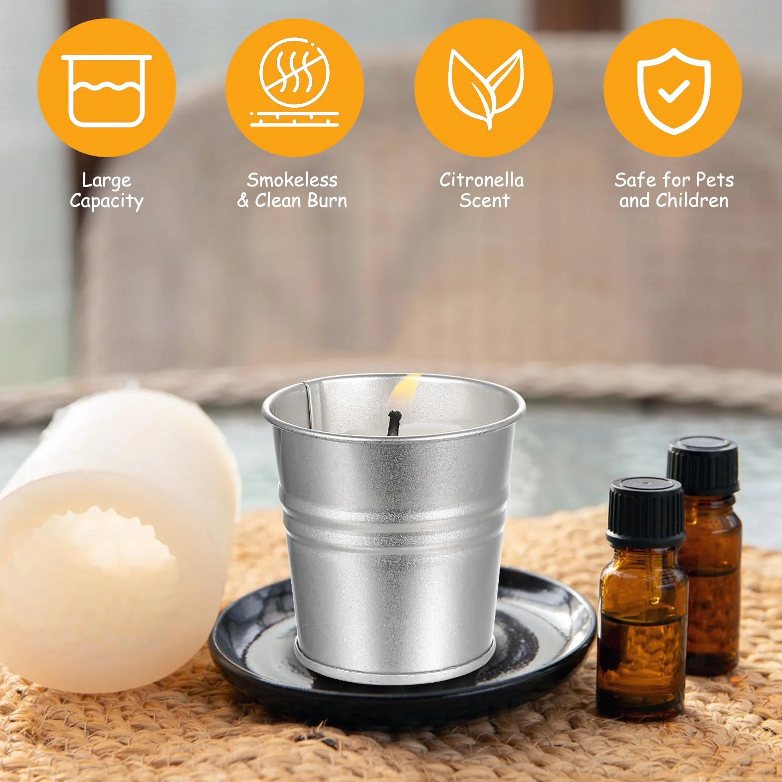 Świece zapachowe Citronella w blaszanych wiadrach, wosk sojowy, zestaw 8 szt