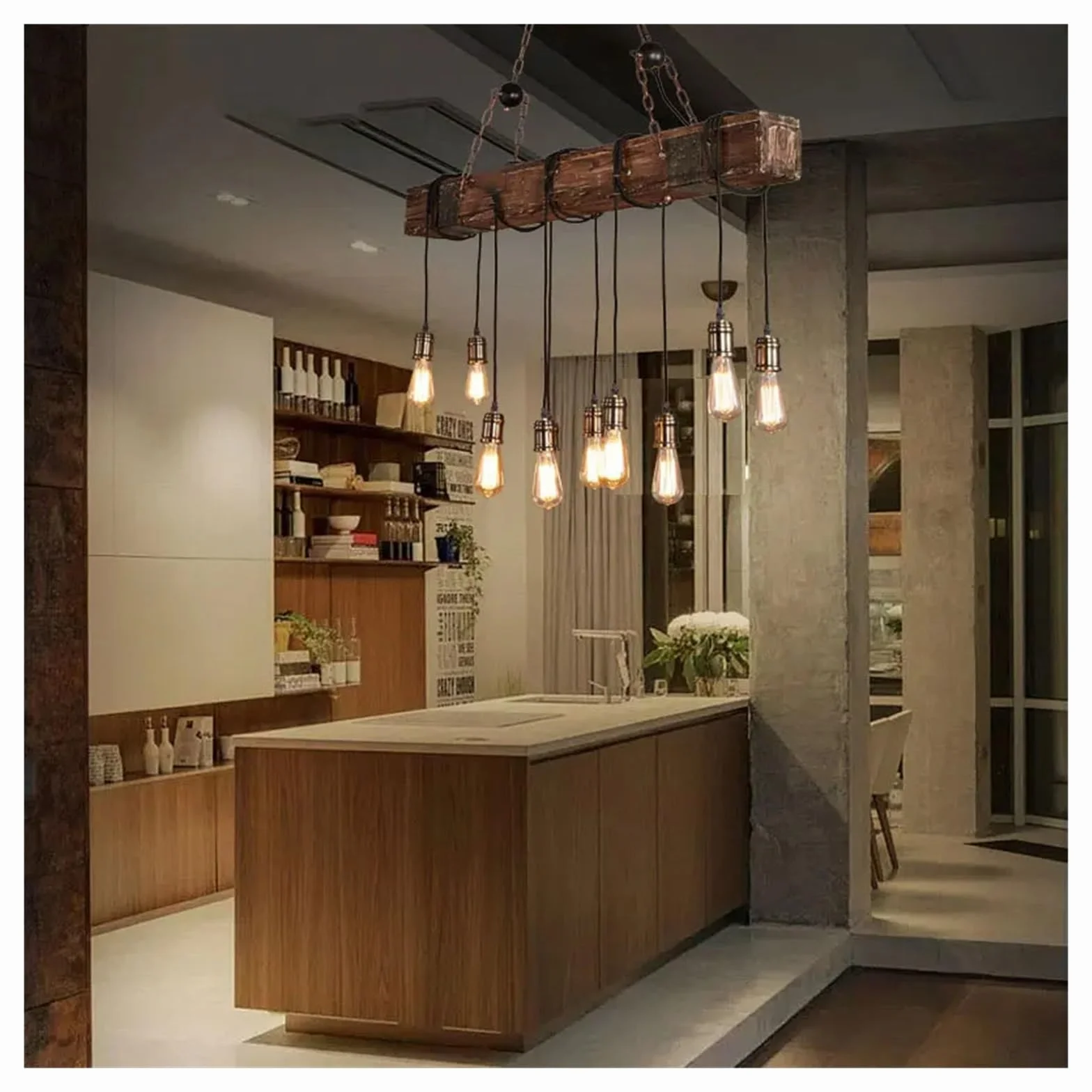 Drewniane, przemysłowe lampy wiszące, restauracja, kawiarnia, jadalnia, retro, drewniana lampa wisząca, oświetlenie wewnętrzne, lampy wiszące