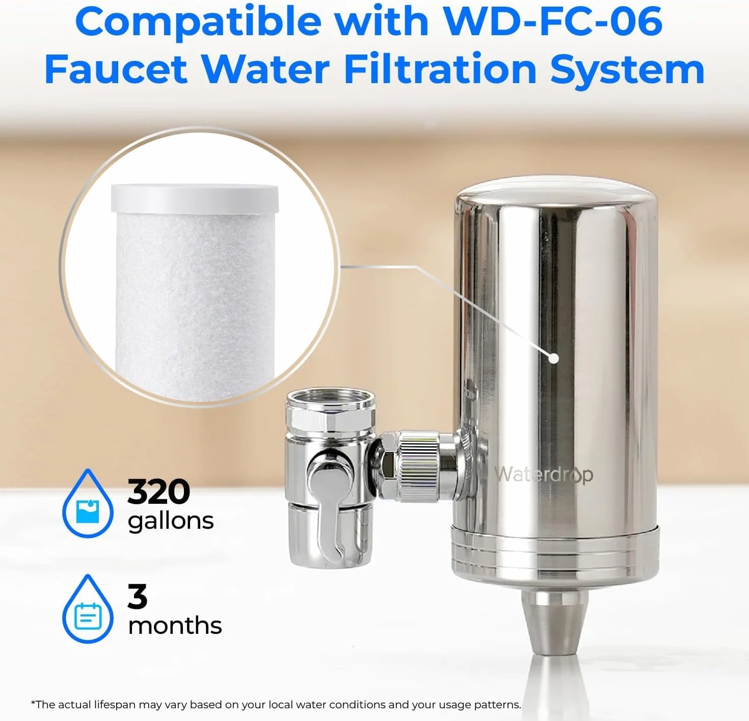 Waterdrop WD-FF-03A Wymienny Filtr do WD-FC-06 Kranu, Redukuje 94.42% Chloru, Złego Smaku i Więcej, Trwałość do 9 Miesięcy (Pakiet 3 Sztuk)