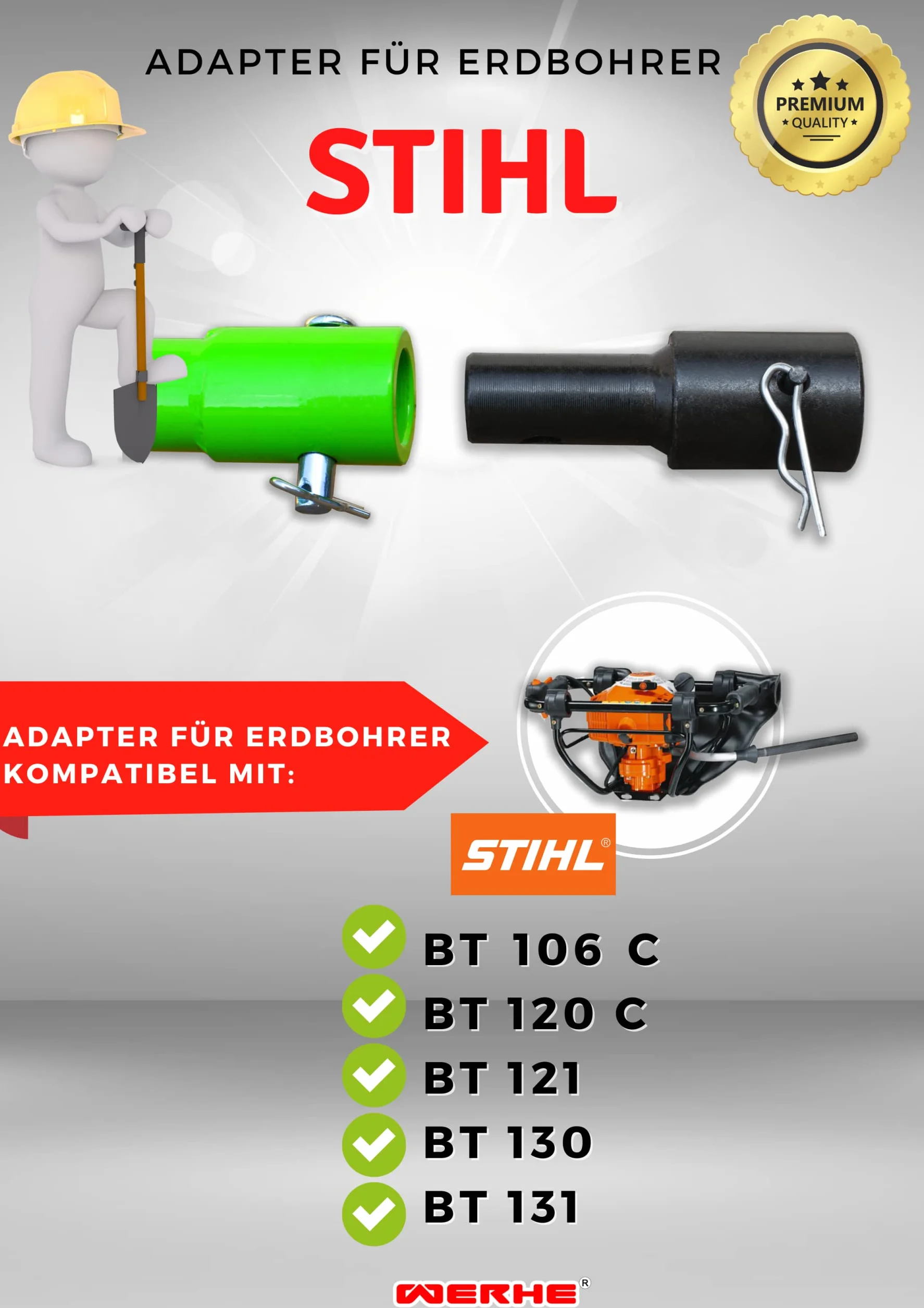 WERHE adapter do wierteł ziemnych STIHL BT 106 C, BT 120 C, BT 121, BT 130, BT 131 – Wysokiej jakości stal, uniwersalne zastosowanie