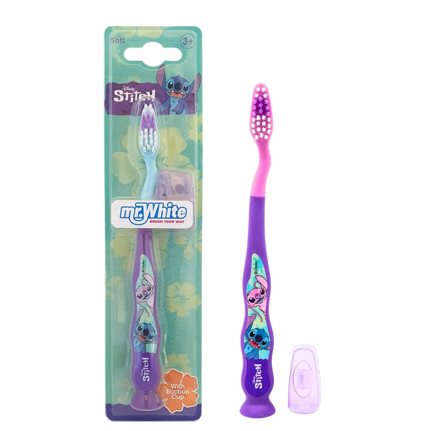 Disney Stitch szczoteczka do zębów dla dzieci z nasadką ochronną, miękkie, zaokrąglone włosie, wygodny uchwyt i przyssawka do pionowego przechowywania dla dzieci w wieku od 3 lat