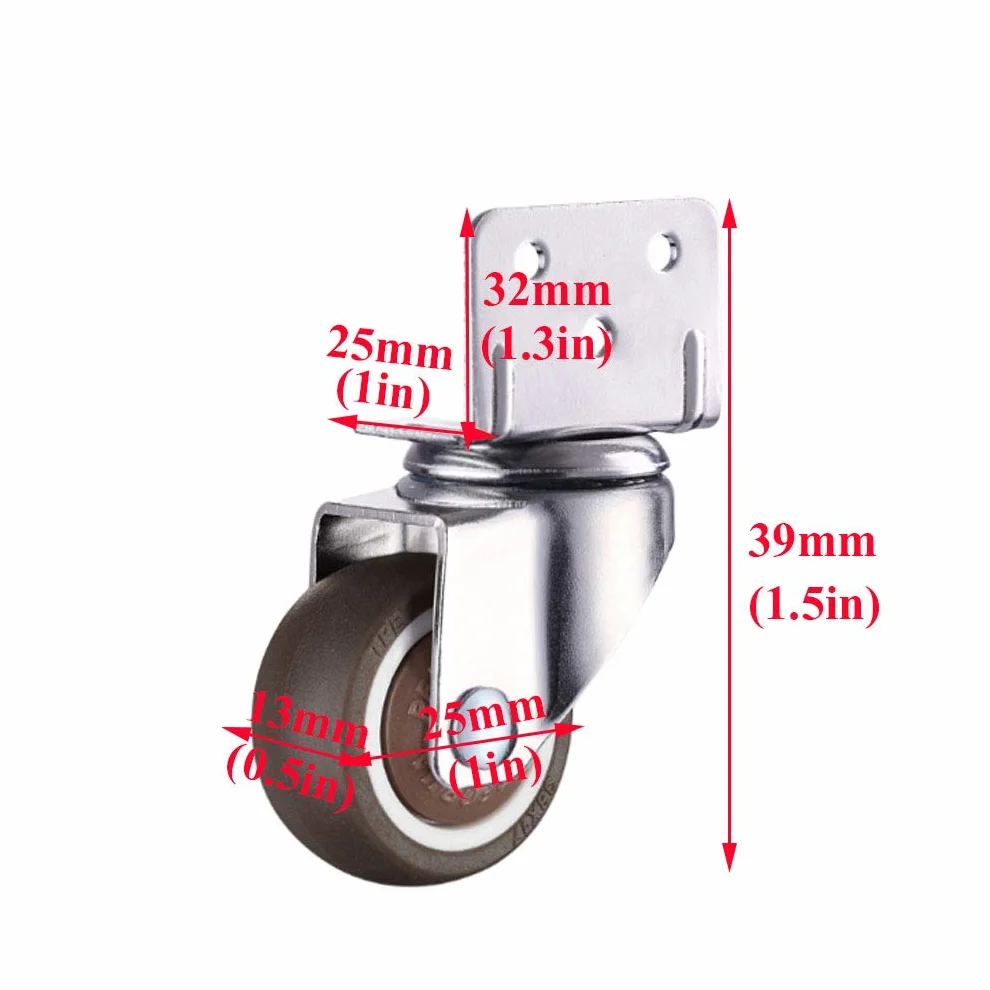 Kółka do łóżeczka dziecięcego (zestaw 4 sztuk), 25 mm, skrętne, z hamulcami i łożyskami kulkowymi, nośność 65 kg, uchwyt w kształcie litery L, cicha konstrukcja, śruby w zestawie do Instal