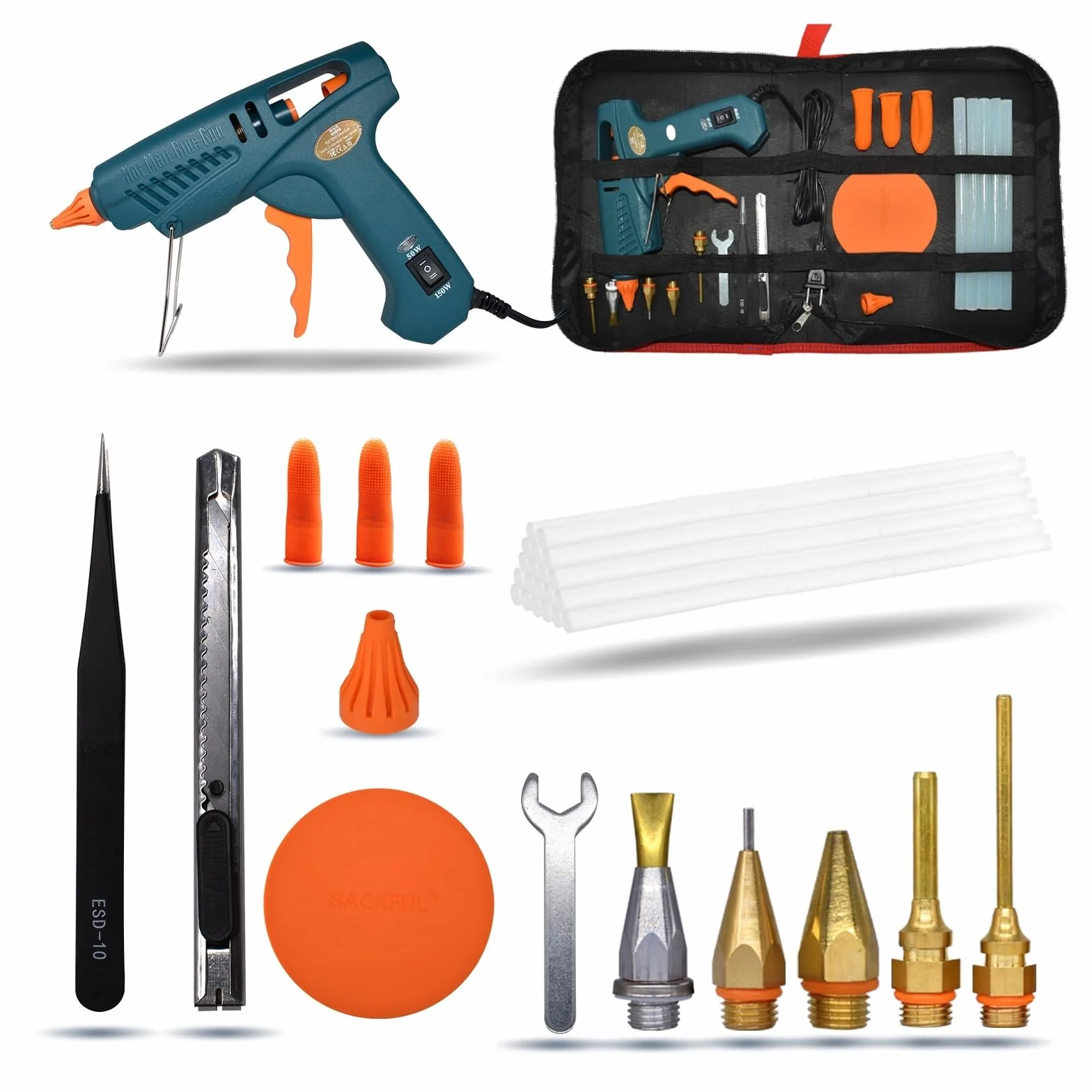 Pistolet do Kleju, Pistolet do klejenia na gorąco 15 w 1 zestaw narzędzi pistolet silikonowy 50 W/OFF/150 W przełącznik do naprawy rzemiosła DIY użyj 11mm klej w sztyfcie dysza z czystej miedzi(SET-8)