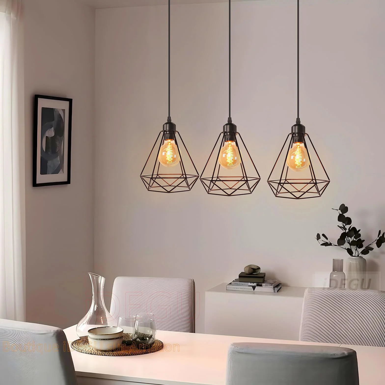 iDEGU Przemysłowa lampa wisząca, 3 światła Vintage E27 żyrandol wiszący w stylu geometrycznym z podstawą montażową - czarny - Ø 20,5 cm (3 światła - 20 cm)