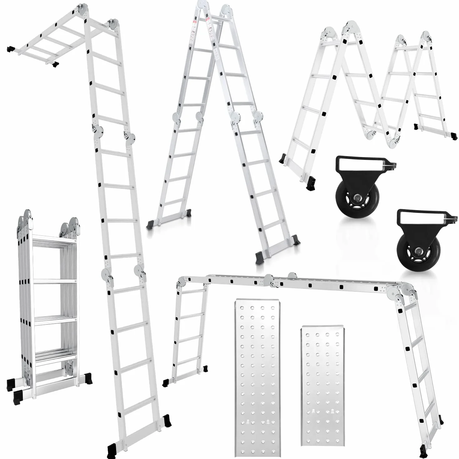 Herrselsam Wielofunkcyjna drabina 4 x 4, 7 w 1, 470 cm, aluminiowa, z 2 platformami i kółkami, maksymalne obciążenie 150 kg, drabina wielofunkcyjna 16 szczebli (DY8972-M-1x)