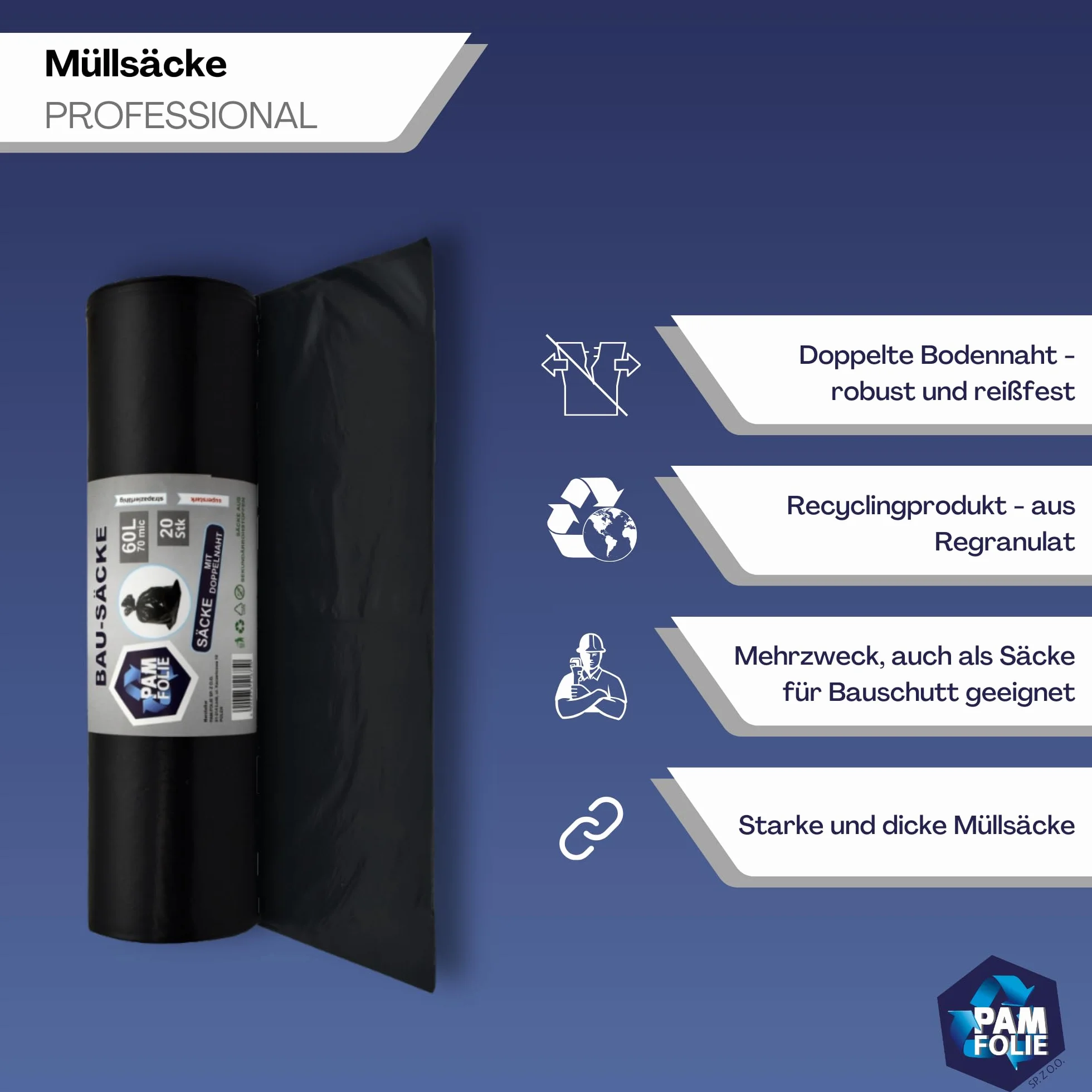 profesjonalne worki budowlane worek na śmieci 60L - 20 sztuk - bardzo grube, mocne, czarne - 60x70cm - 70µm