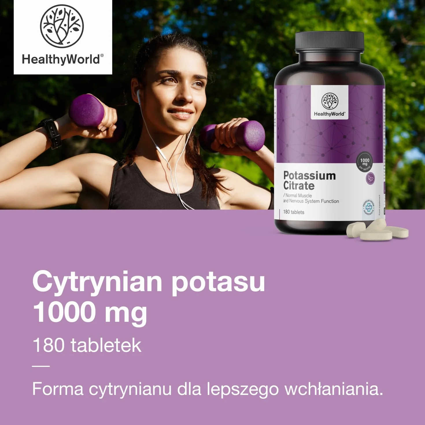 HealthyWorld Cytrynian potasu – 1000 mg w dziennej porcji – 180 tabletek – Optymalne stężenie – Wsparcie dla mięśni, układu nerwowego i ciśnienia krwi – Bez GMO – Zapas na 3 miesiące
