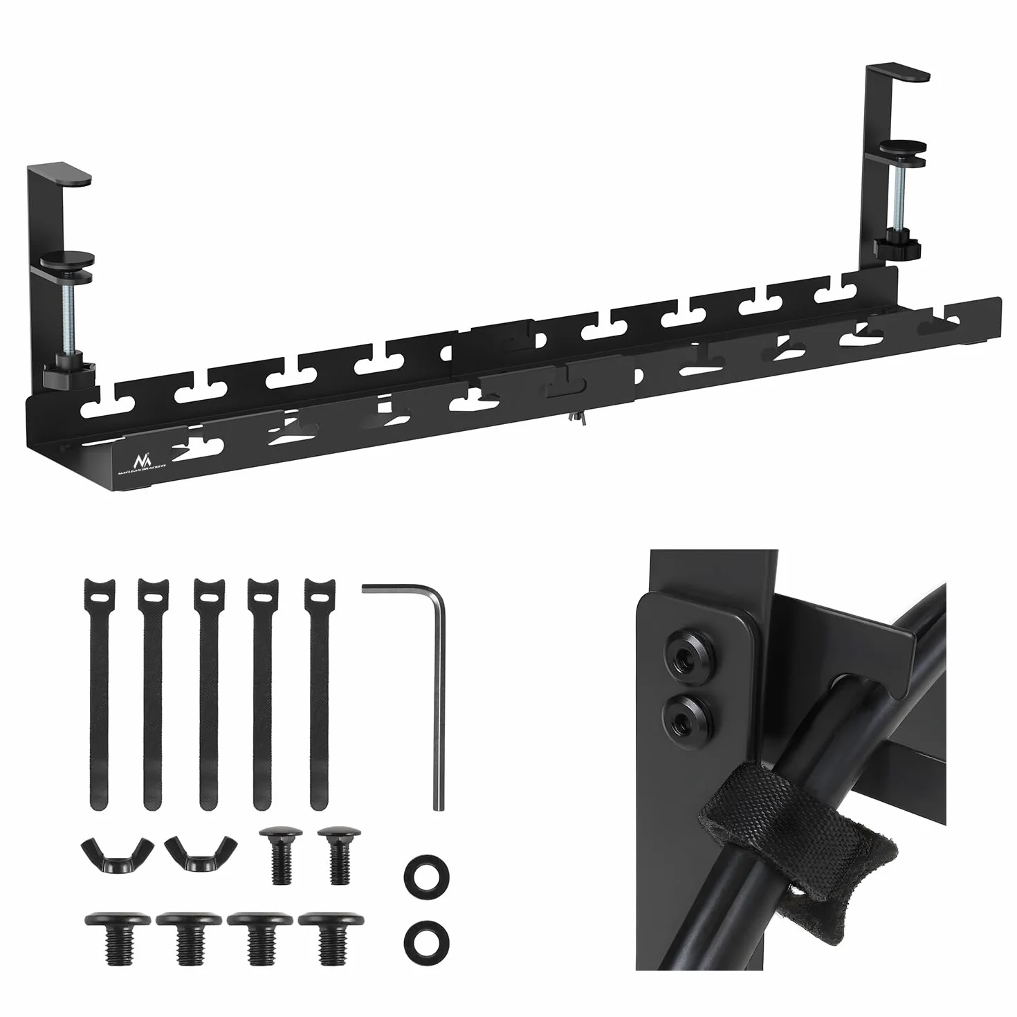 Maclean MC-103 B - Wysuwany organizer kabli od 43 do 72 cm, czarny, mocowanie zaciskowe, obciążenie 5 kg, uchwyt wielogniazdowy, wytrzymała stalowa osłona kabla