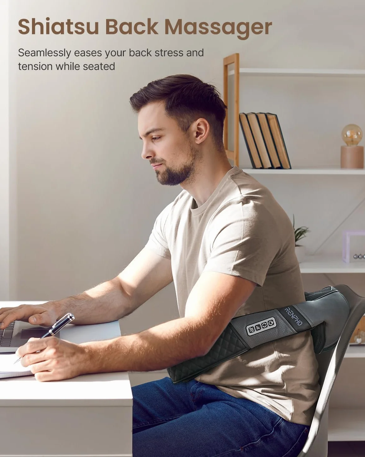 RENPHO Back Neck Massager with Heat, Shiatsu Shoulder Massager with Electric Deep Tissue Kneading Massage, Pain Relief on Neck, Back, Shoulder, Waist, Leg, Calf - Use at Home, Office