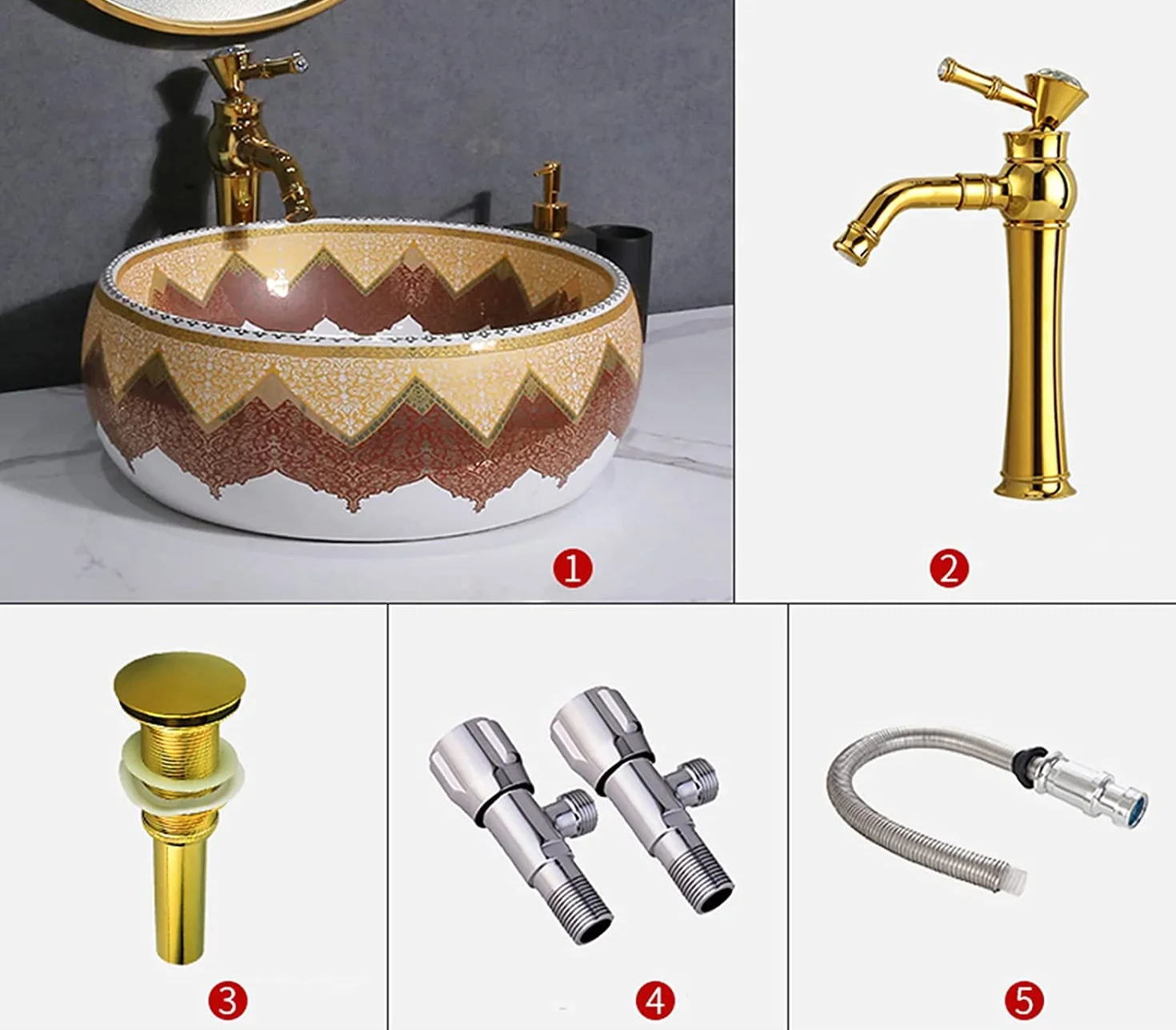 Ceramiczna Umywalka Łazienkowa Okrągła, Umywalka Nablatowa Ceramiczna, Umywalka Biała Z Kranem Pasującym Do Zestawu Odpływowego Do Garderoby, Biało-Brązowa