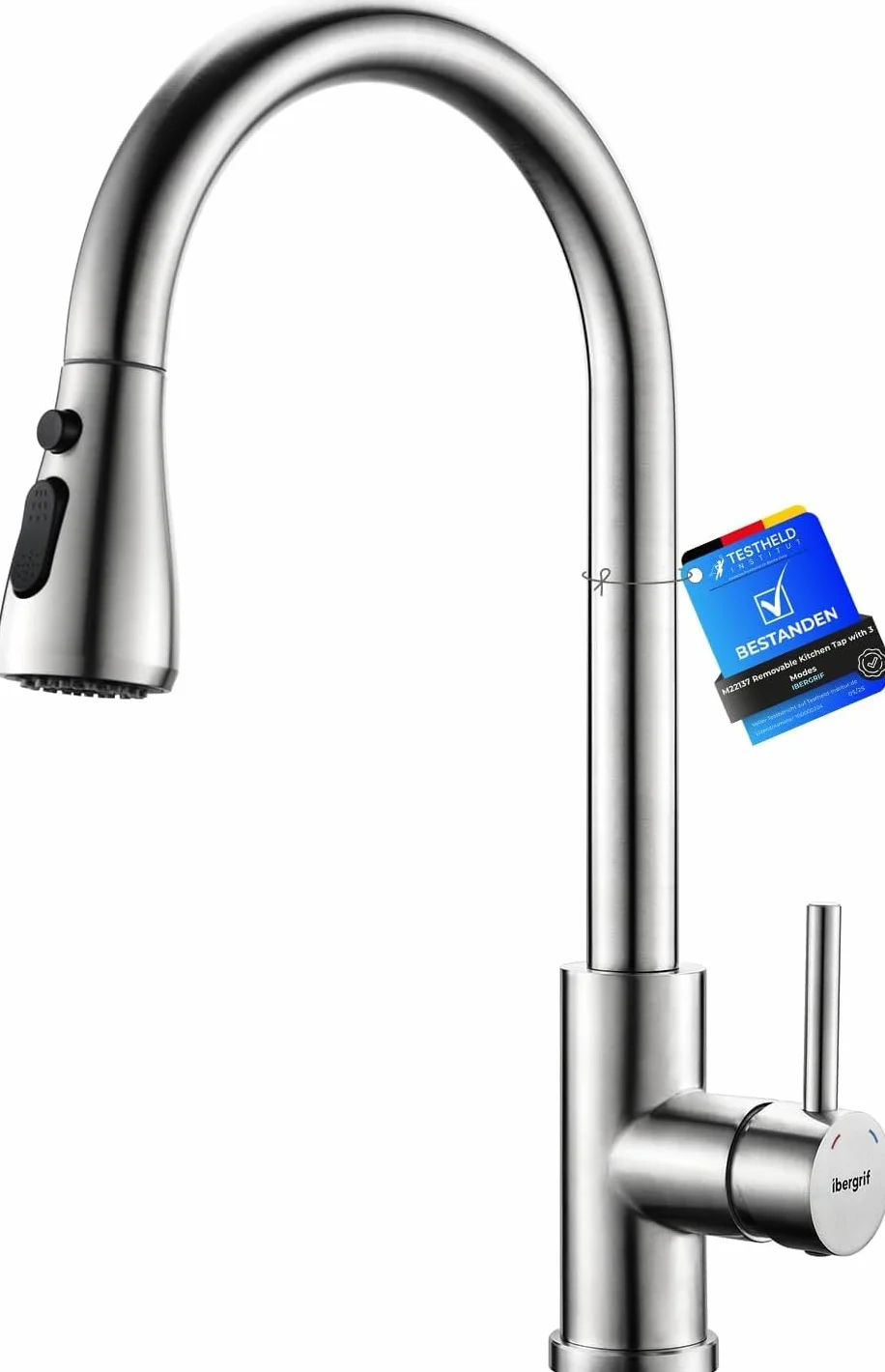 Ibergrif M22137 bateria kuchenna, obrotowa 360° wyciągana wylewka bateria zlewozmywakowa, zimny start z dwoma trybami płukania, stal nierdzewna, srebrny
