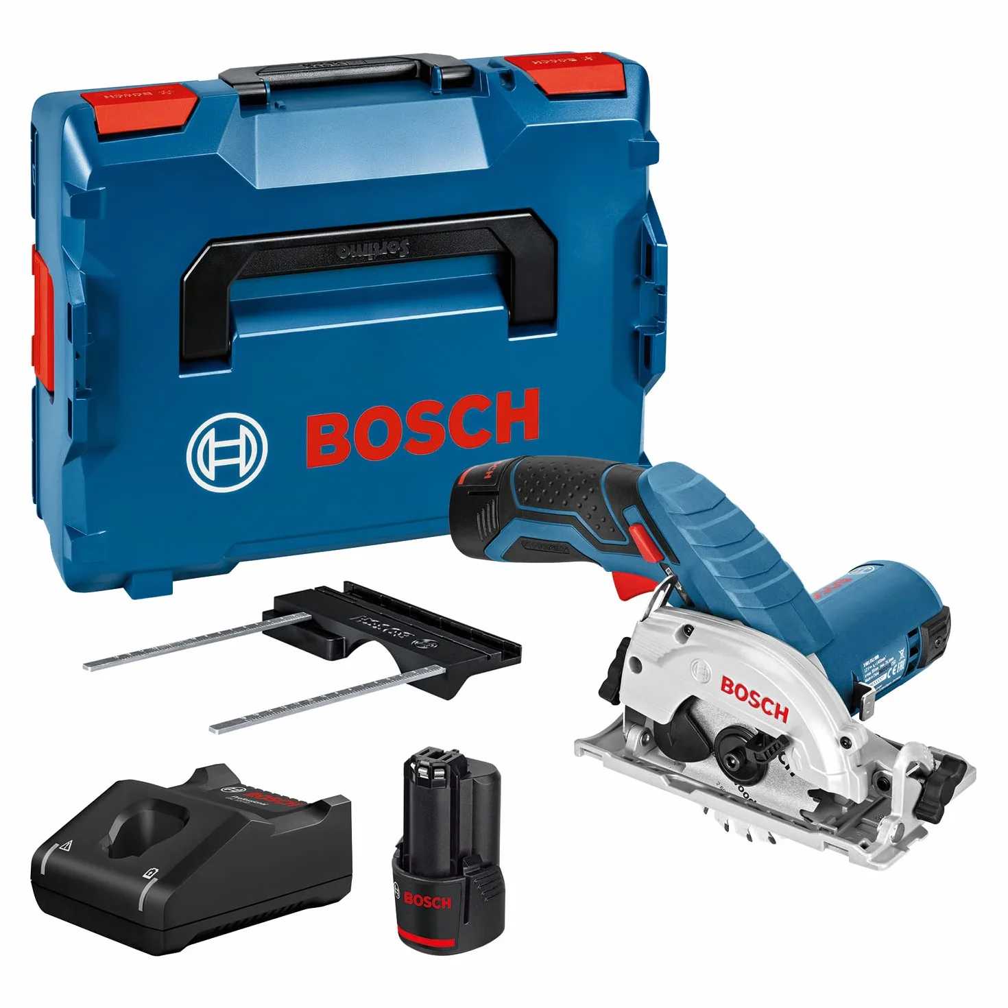Bosch Professional system 12V: akumulatorowa pilarka tarczowa GKS 12V-26 (Ø tarczy: 85 mm, 2 akumulatory GBA 12V 3.0Ah i ładowarka, walizka L-BOXX)
