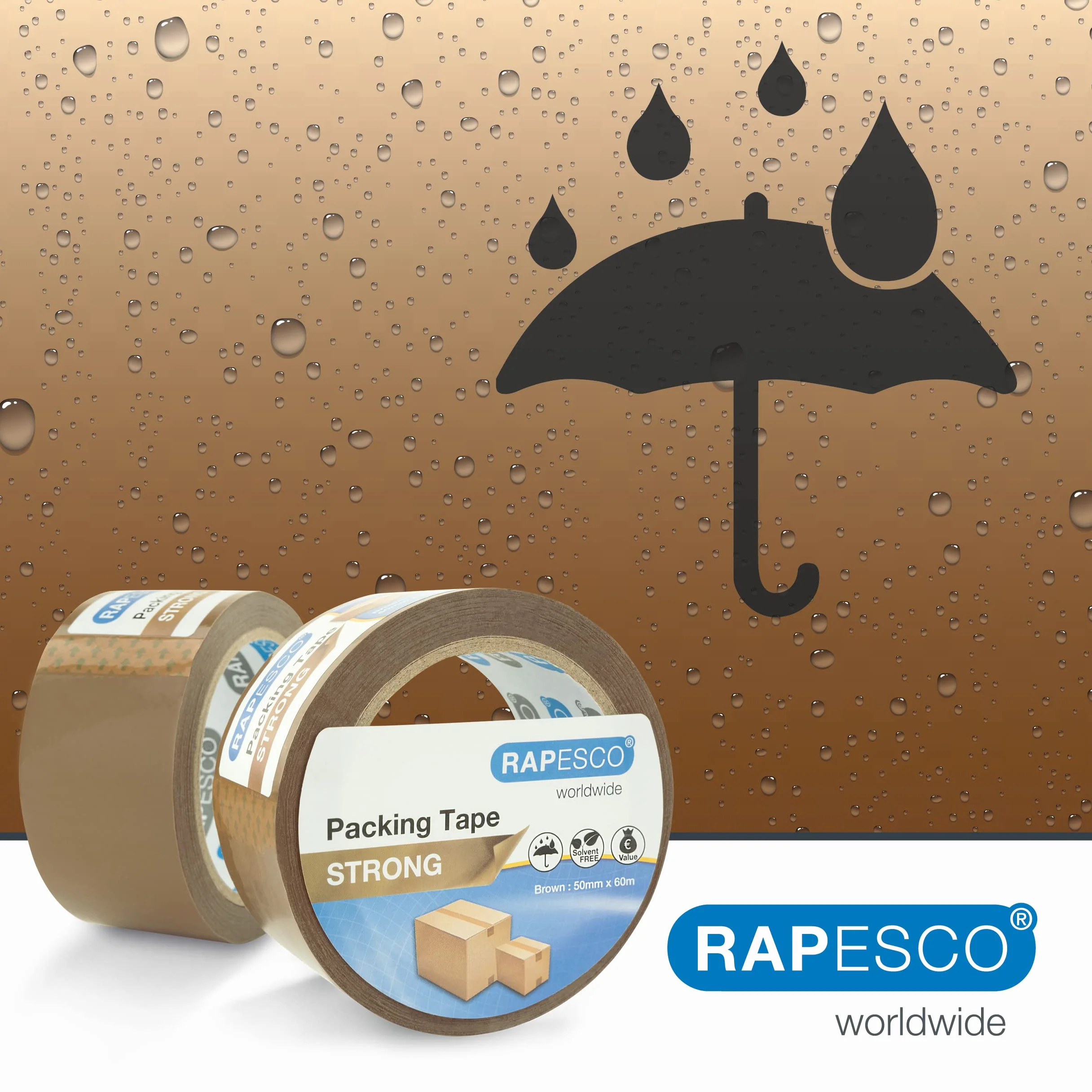 Rapesco 1696 Mocna Taśma Pakowa Klejąca 50 mm x 60 m, Brązowa, 2 Sztuki
